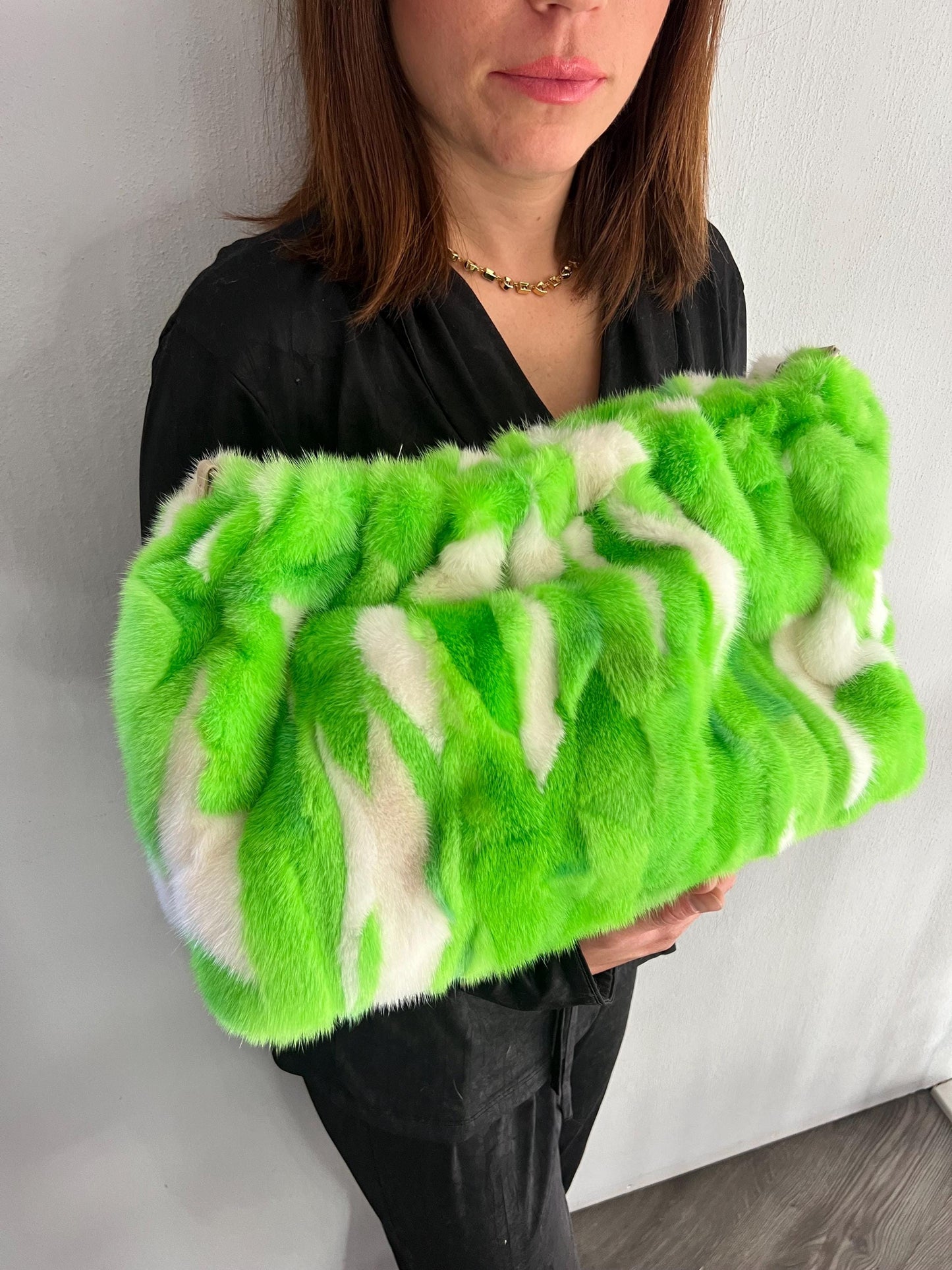 Handmade Mink Fur Shoulder Bag: Green & White Slouchy Crossbody