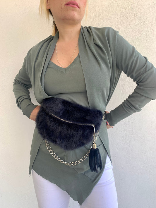 Navy Mink Fur Bumbag with Chain Tassel: Luxury Fanny Pack