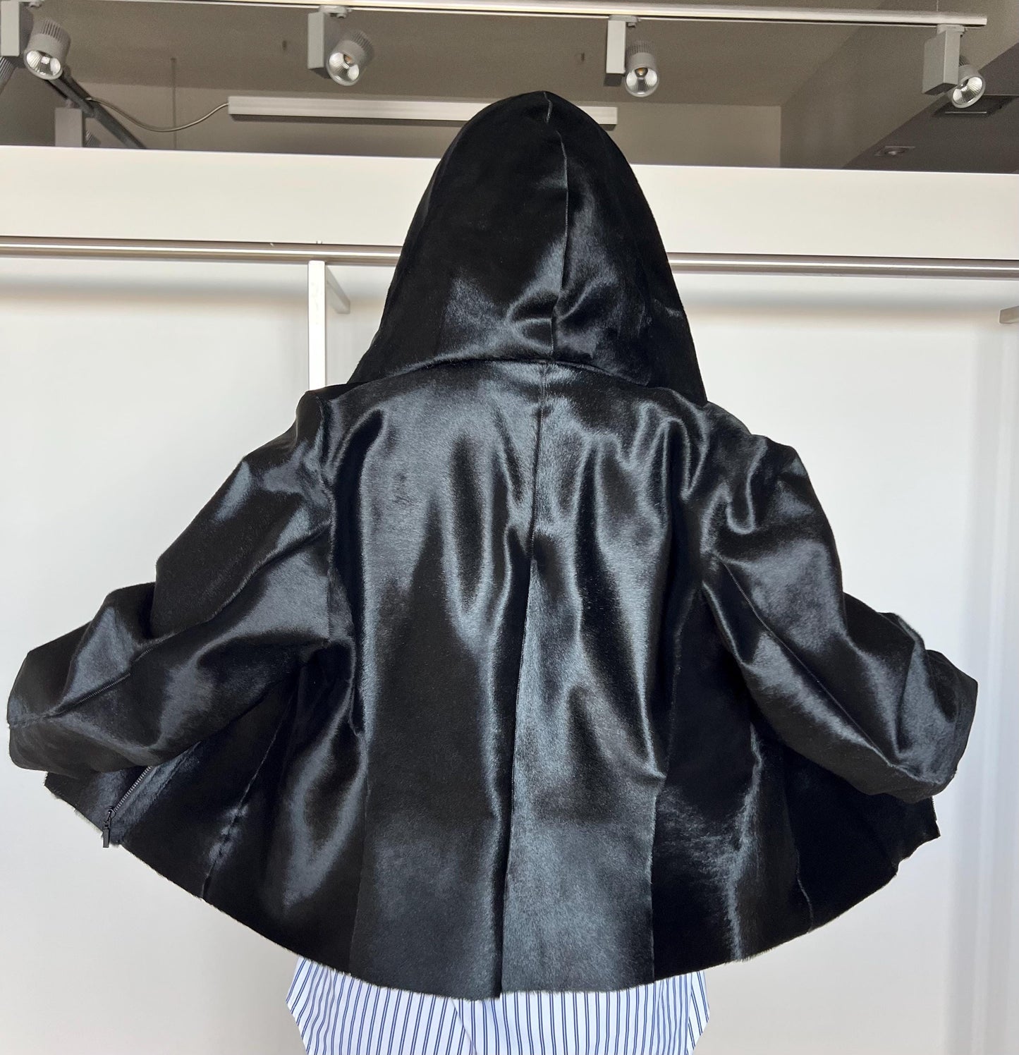 Genuine Hair-On Leather Coat: Black Cavallino Calf Jacket with Hood
