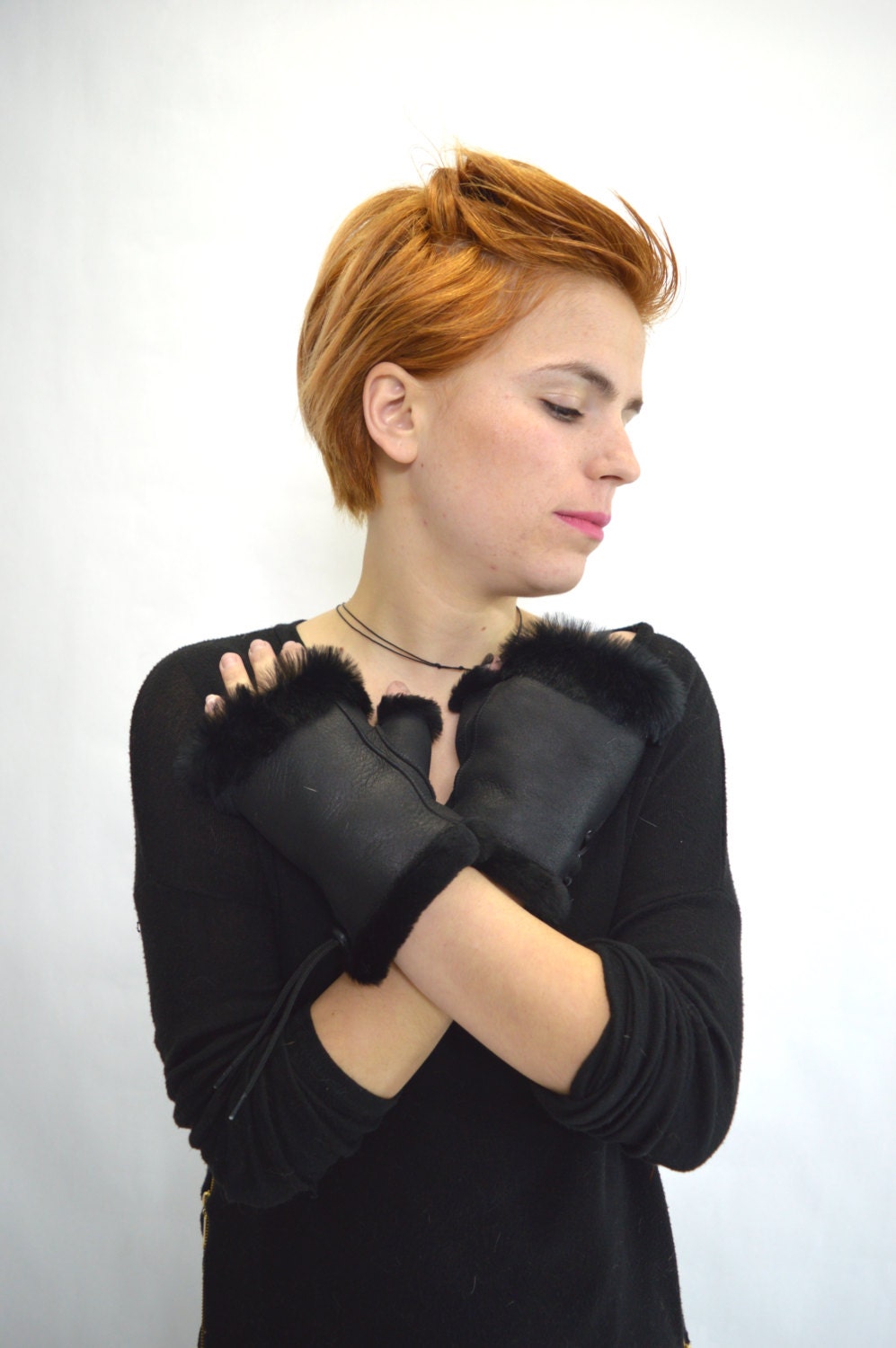 Shearling Fingerless Gloves: Black Rex Rabbit Fur Trim