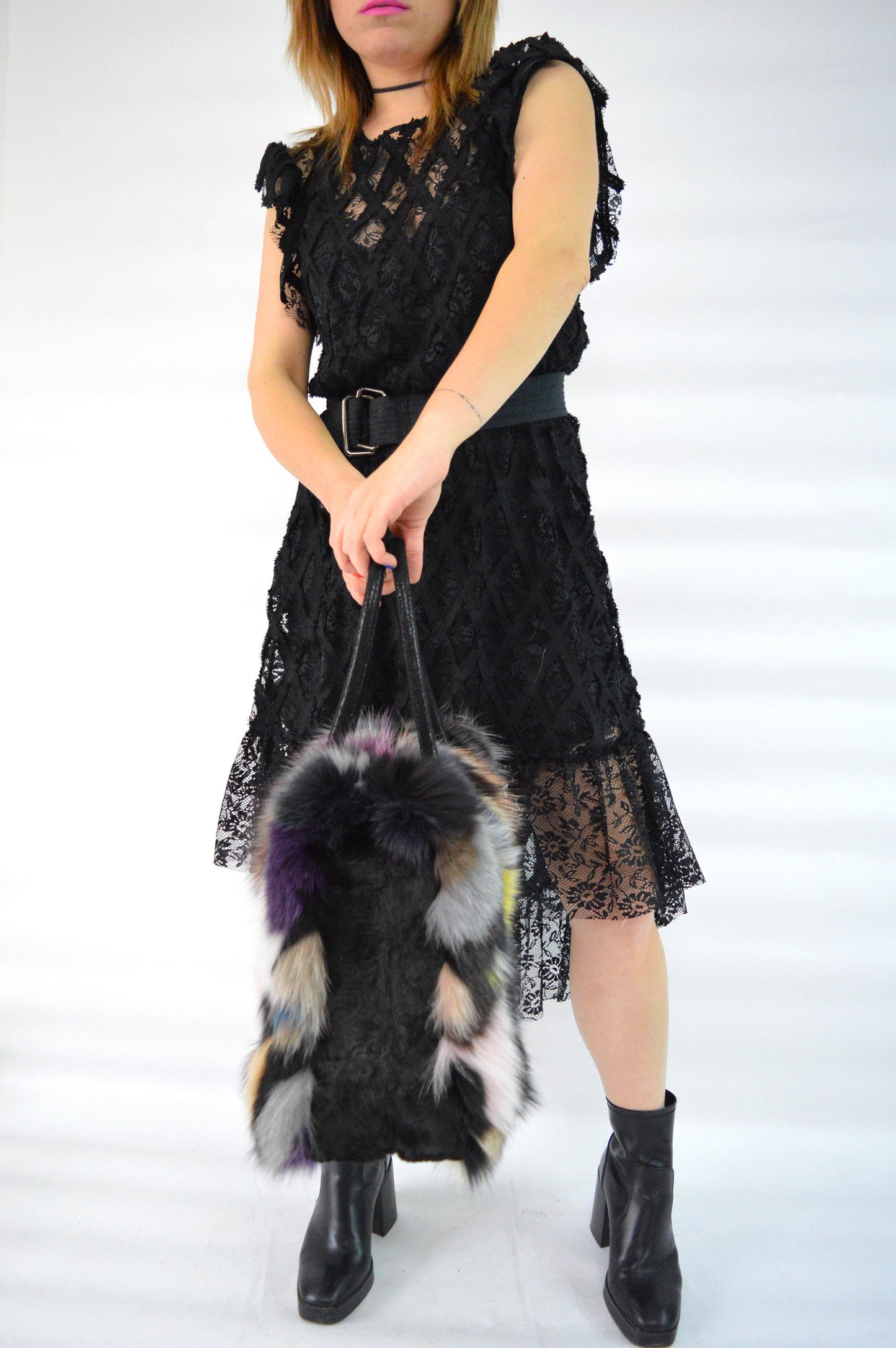 Multicoloured Fox Fur Tote Bag: Leather Details, Rabbit Fur Trim