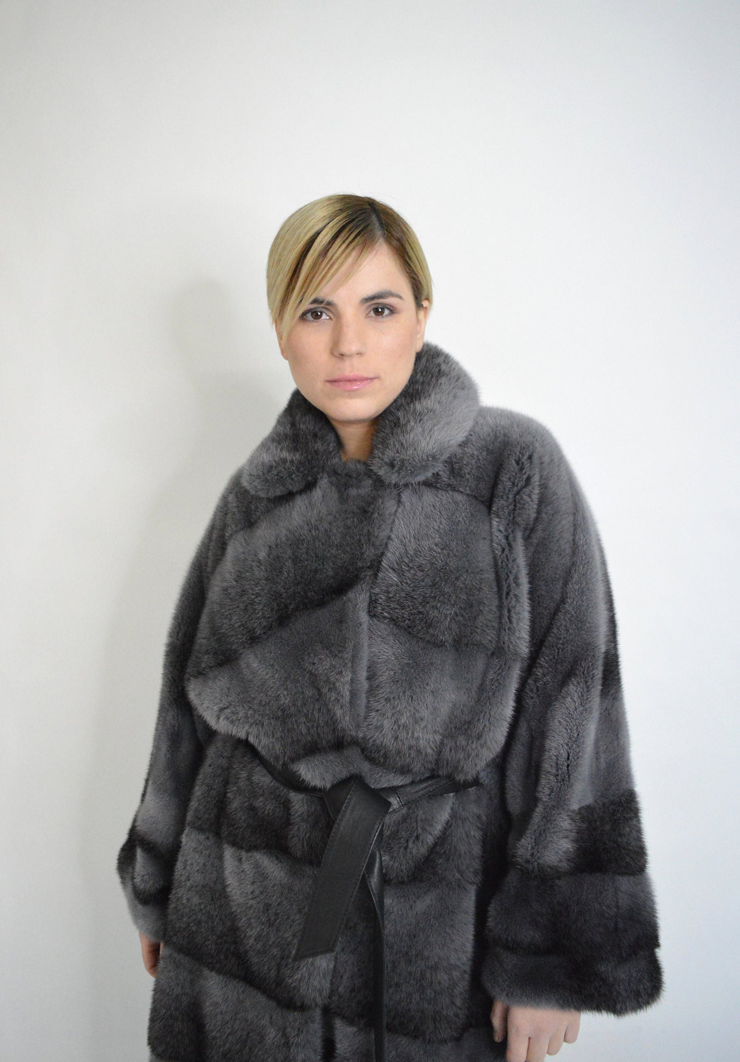 Grey Mink Fur Kimono Coat: Black Cross Dyed, oversized with Leather Belt
