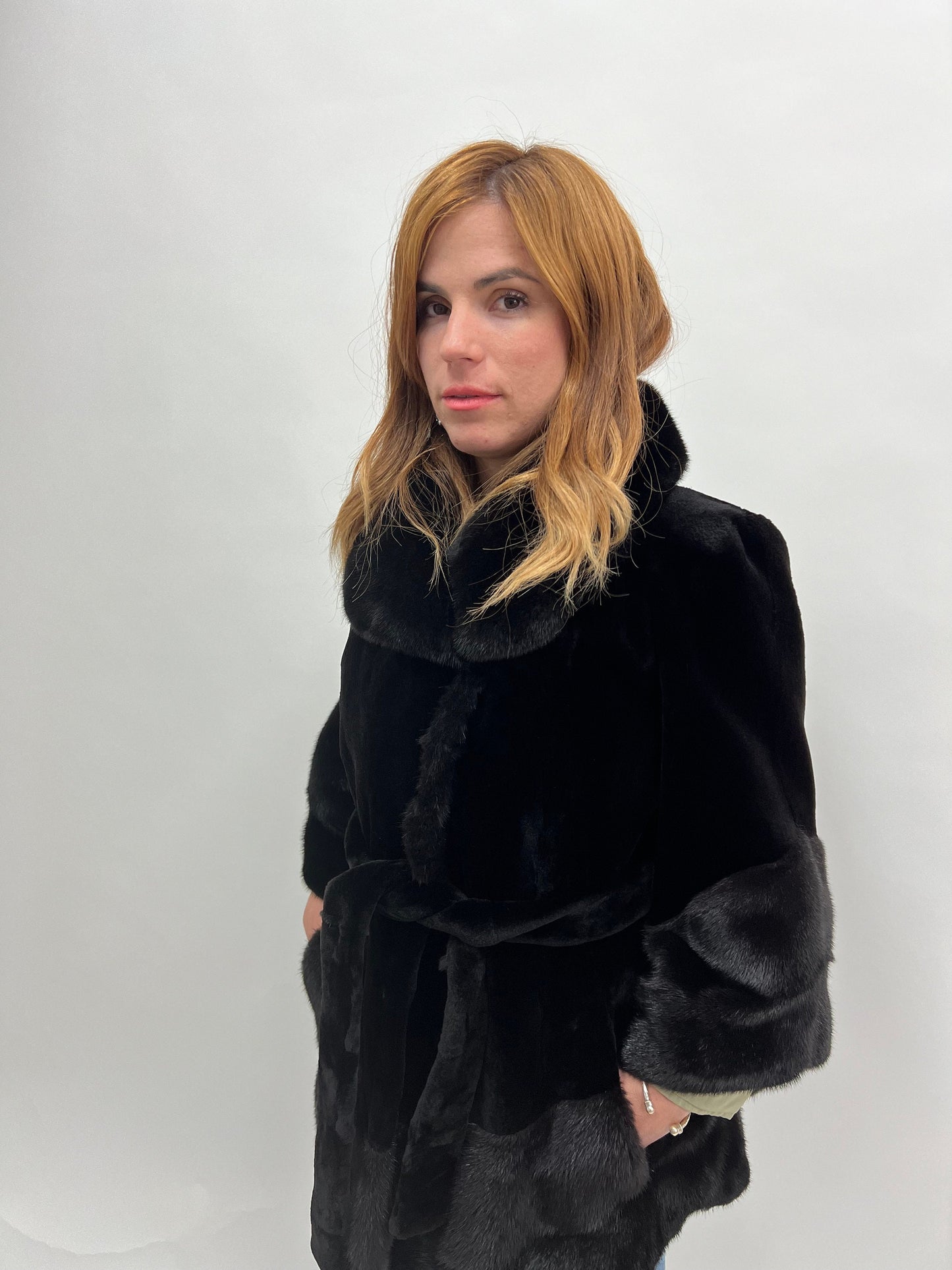 Black Sheared Mink Fur Coat with Belt & Big Collar