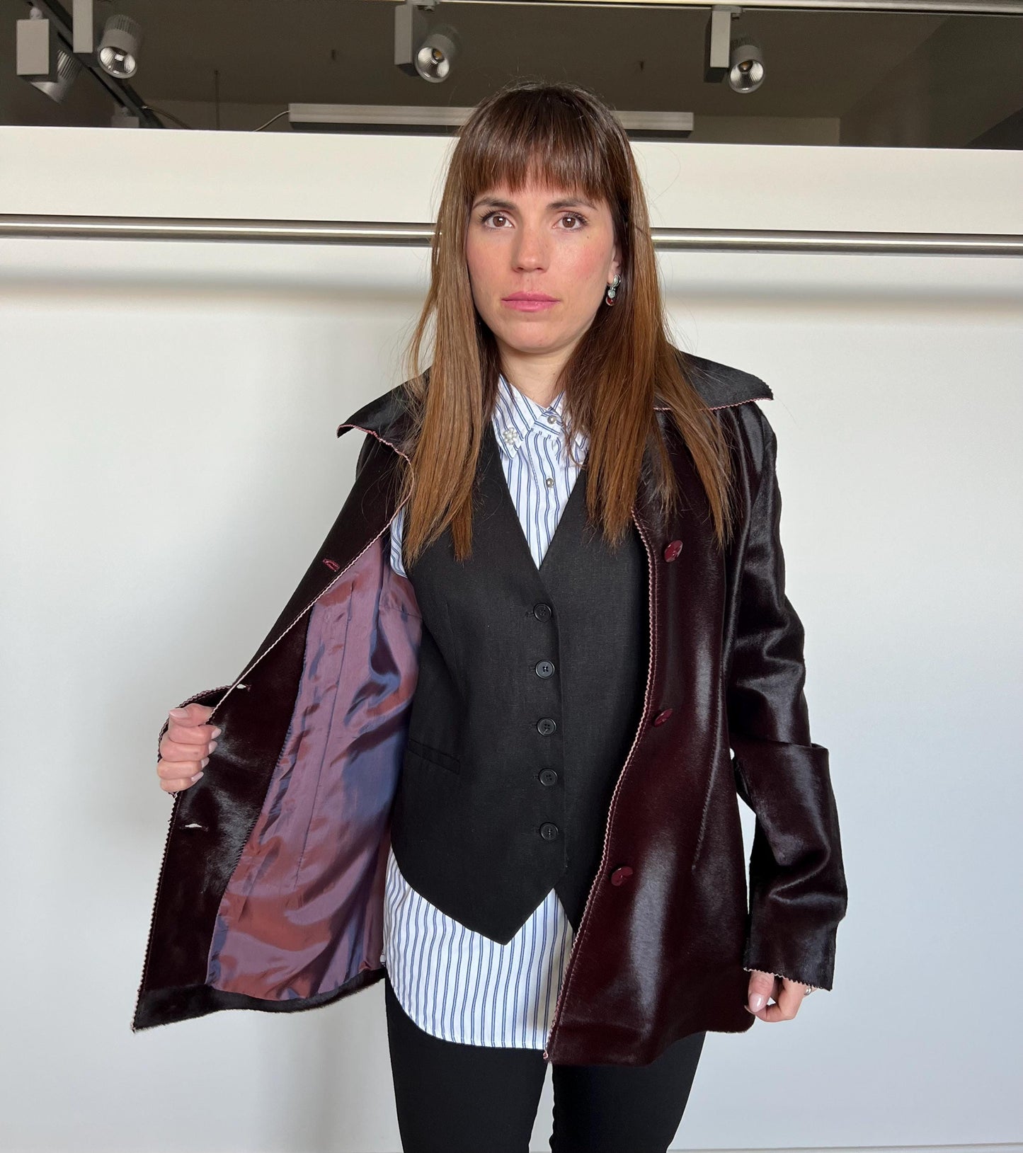 Burgundy Pony Hair Leather Coat: Handmade Calf Hide Jacket