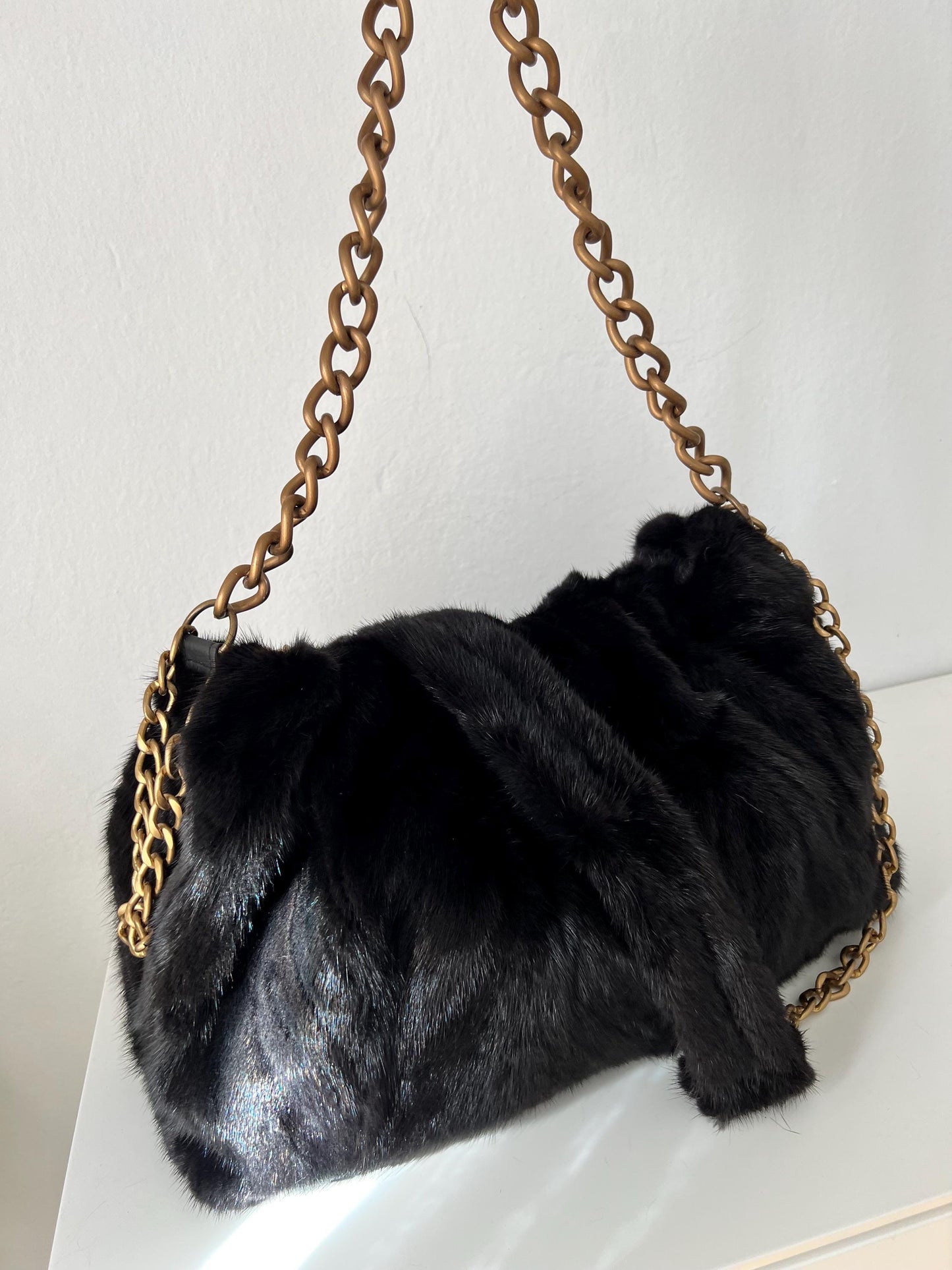 Handmade Mink Fur Shoulder Bag: Black Slouchy Pouch with Bronze Straps