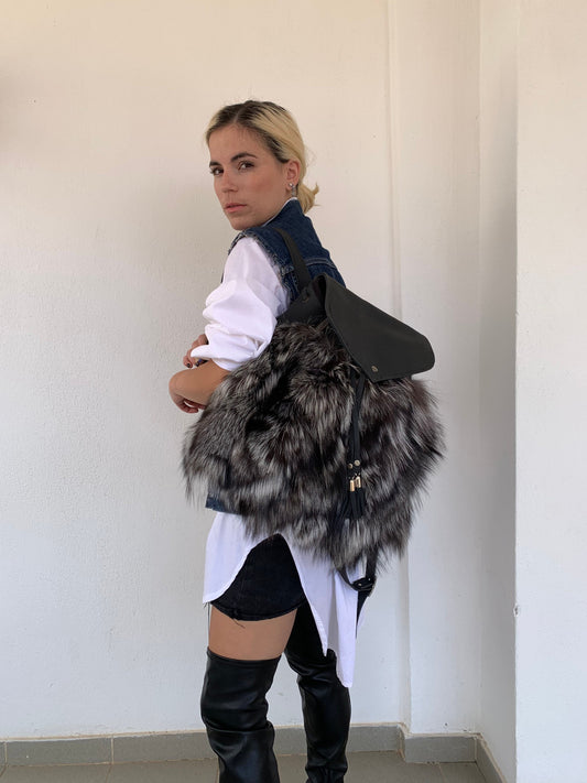 Real Leather & Silver Fox Fur Backpack: Adjustable Straps
