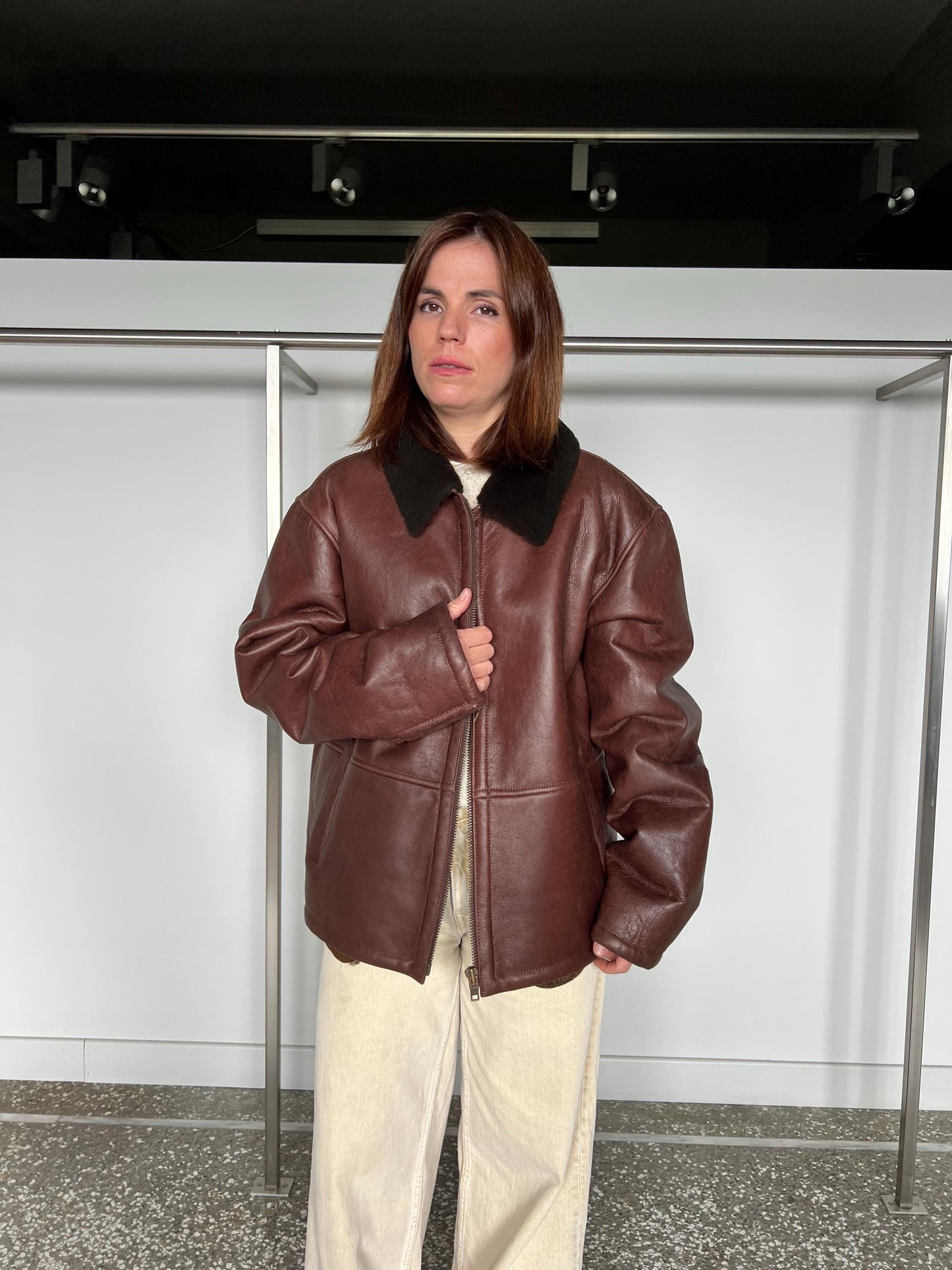 Handmade Choco Leather Shearling Jacket - Boxy College Style