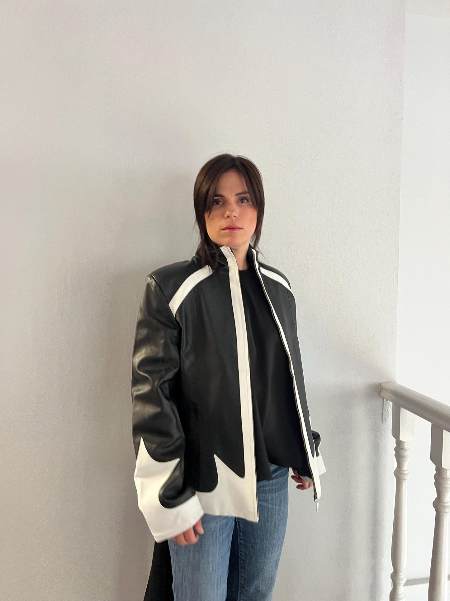 Handmade Black and White Lambskin buttery zipped up Leather Jacket - Medium