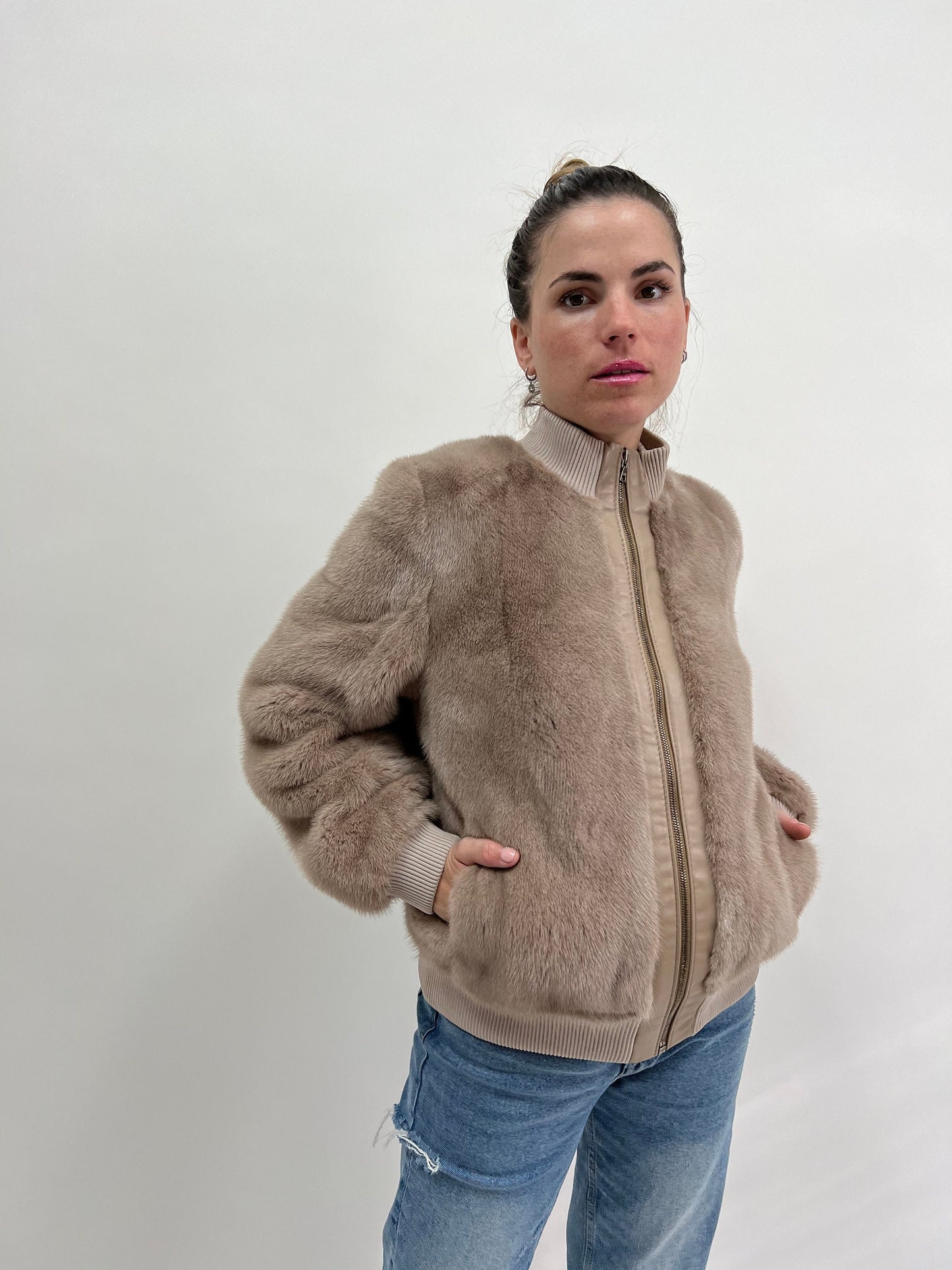 Taupe Mink Fur Bomber Jacket: Knit & Leather, Handmade in Greece