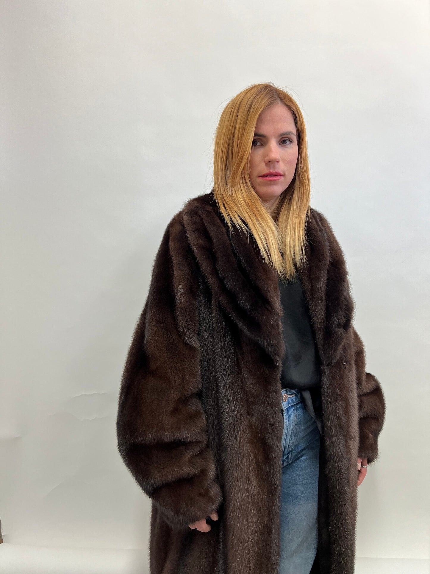 Choco Brown Mink Fur Coat: Big Collar Belted Stroller, Size Medium