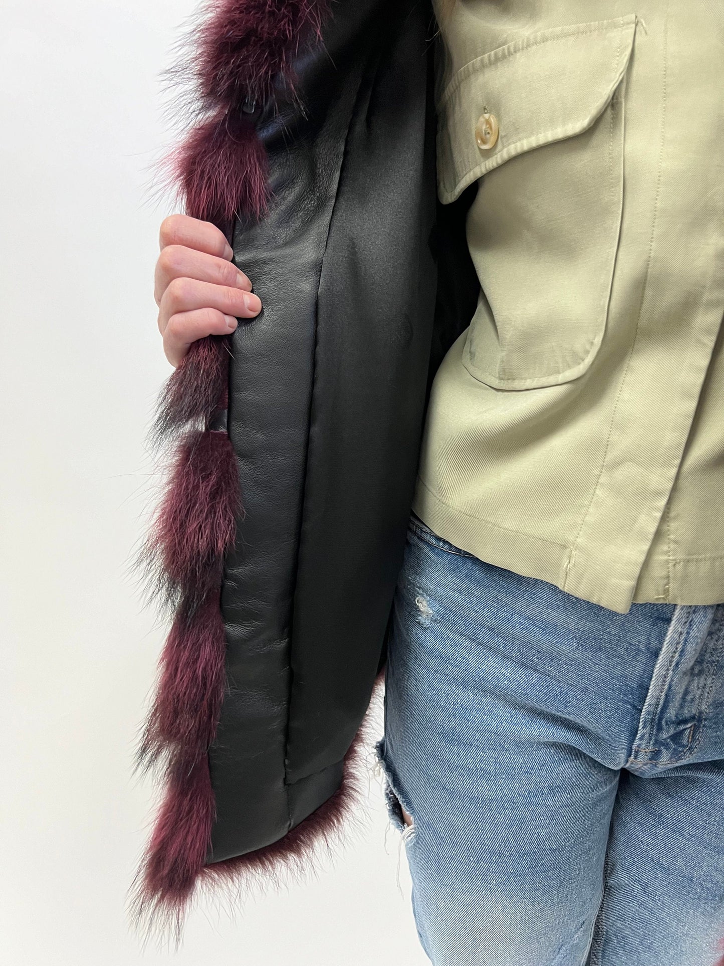 Burgundy Raccoon Fur Jacket: Leather Trim, Warm Winter Coat