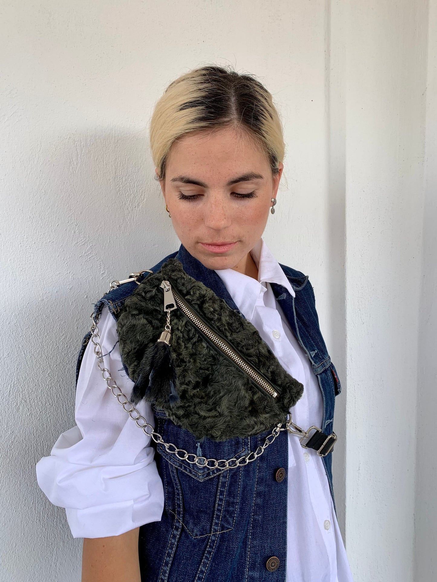 Olive Lamb Fur Bumbag with Chain Tassel: Luxury Fanny Pack