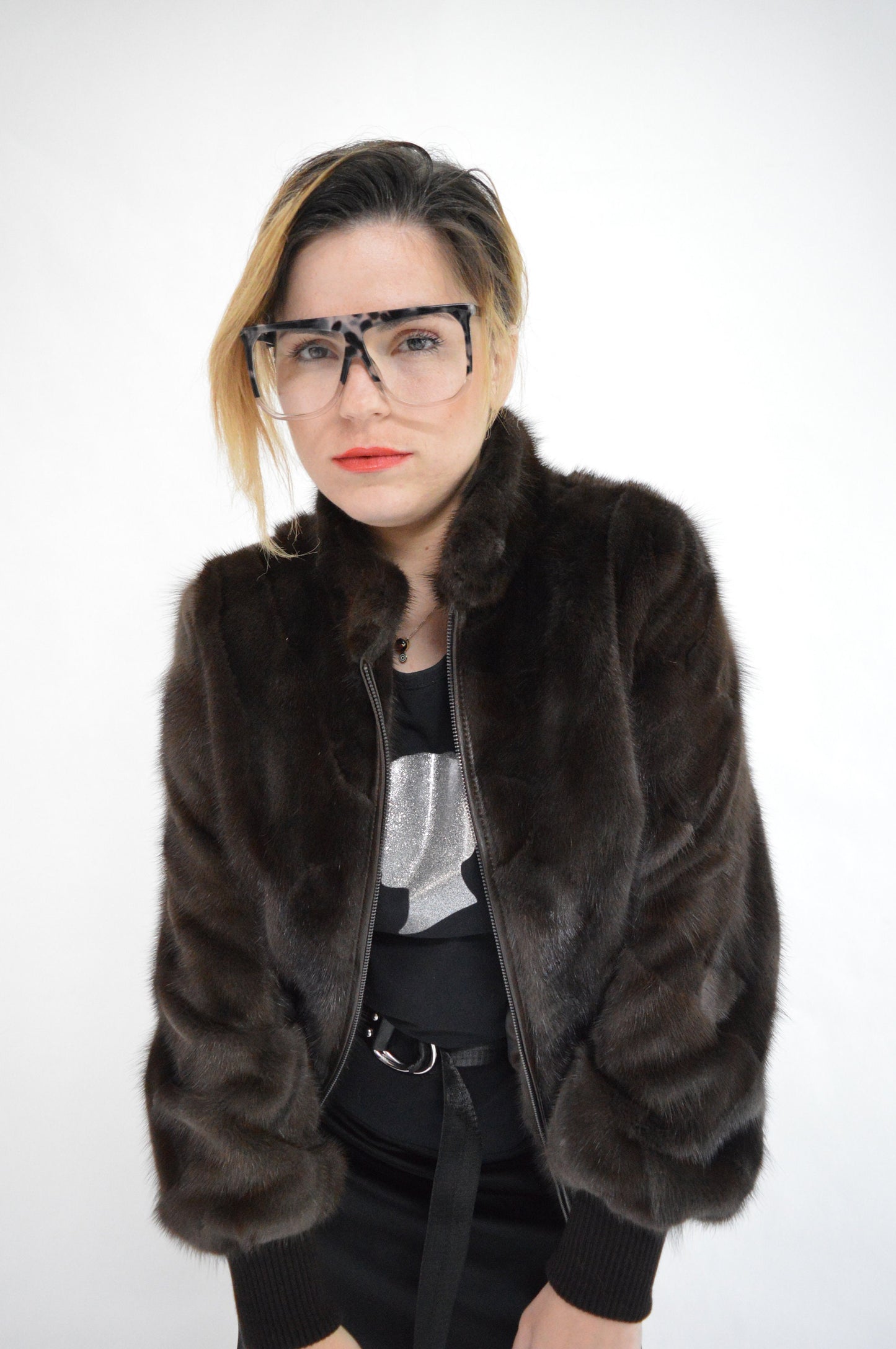 Brown Mink Fur Bomber Jacket: Knitted Trim, Luxury Women's Coat