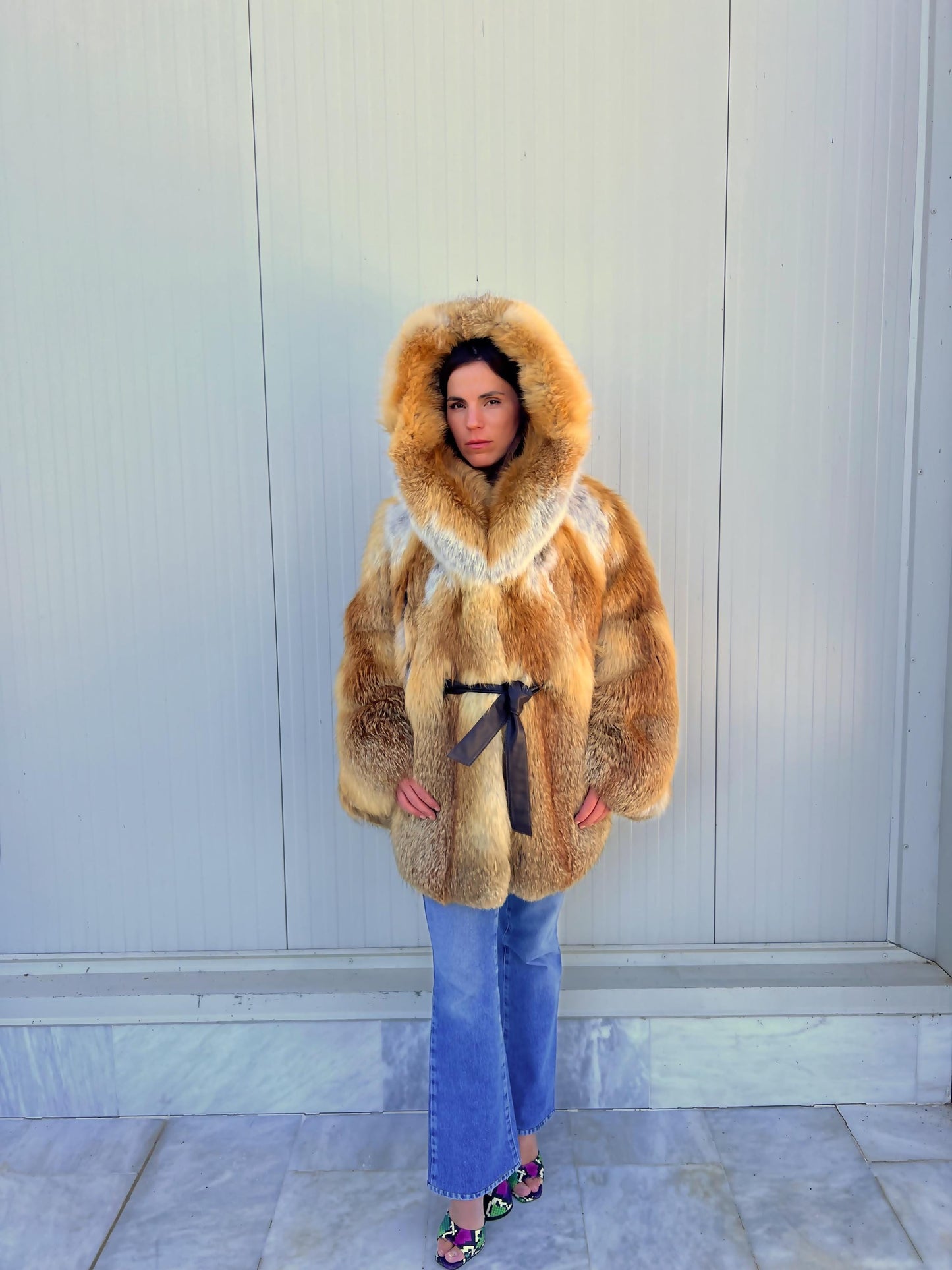 Red Fox Fur Cape with Hood: Handmade Leather Belt Closure