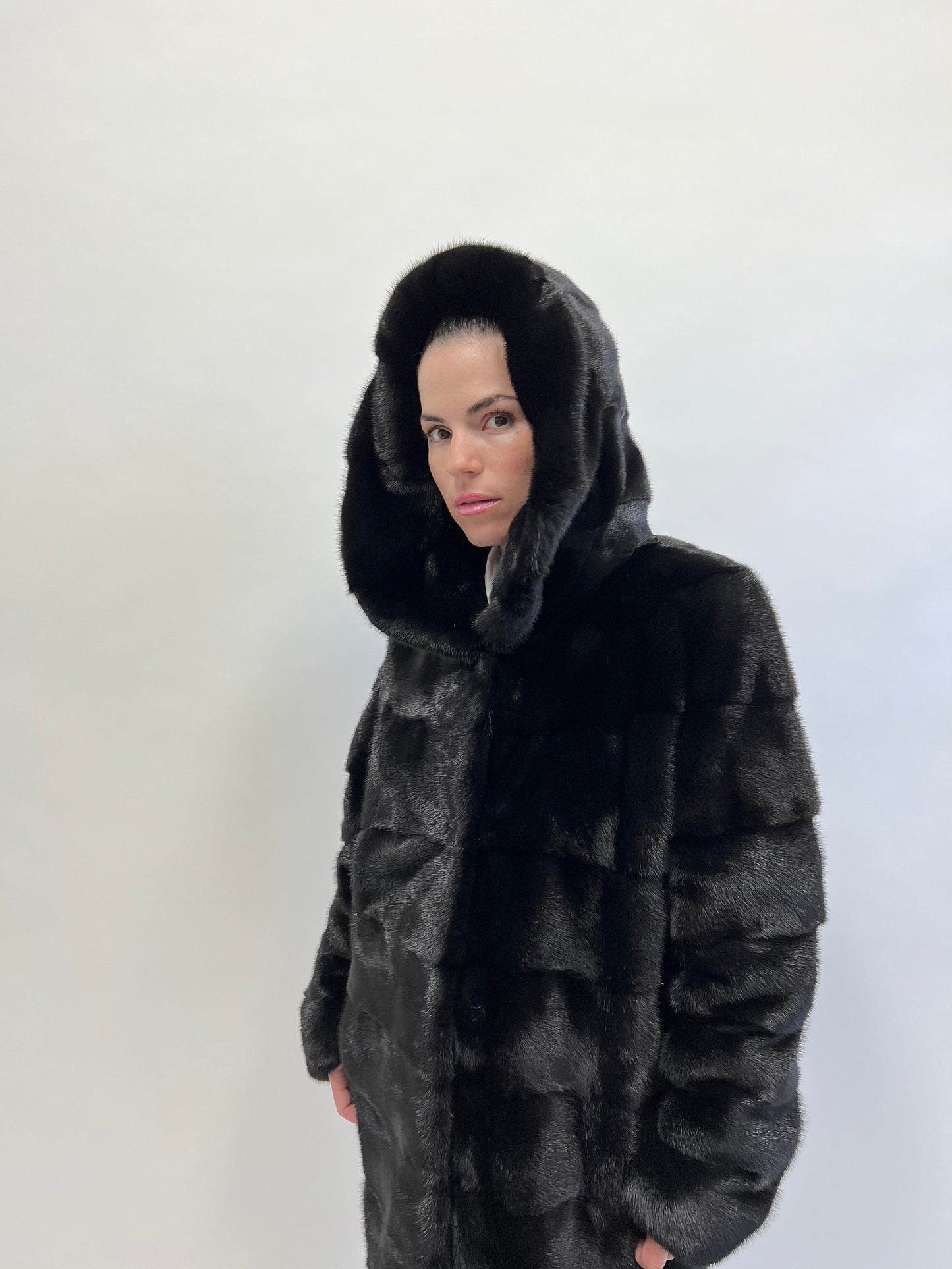 Real Mink Fur Hooded Coat: Black Full Skin Jacket