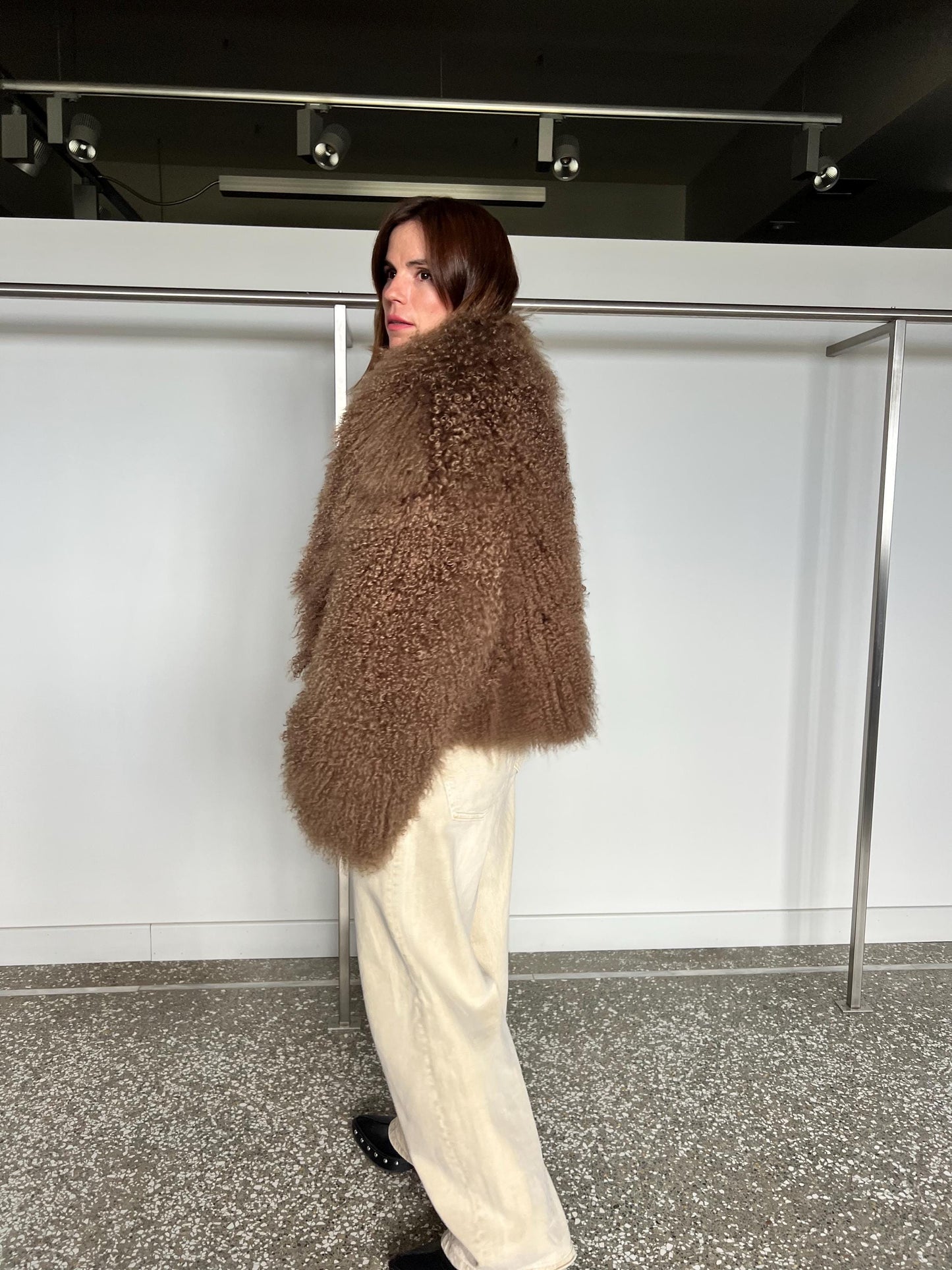Handmade Chocolate Mongolian Lamb Fur Jacket - Pastel Brown Clip Closure