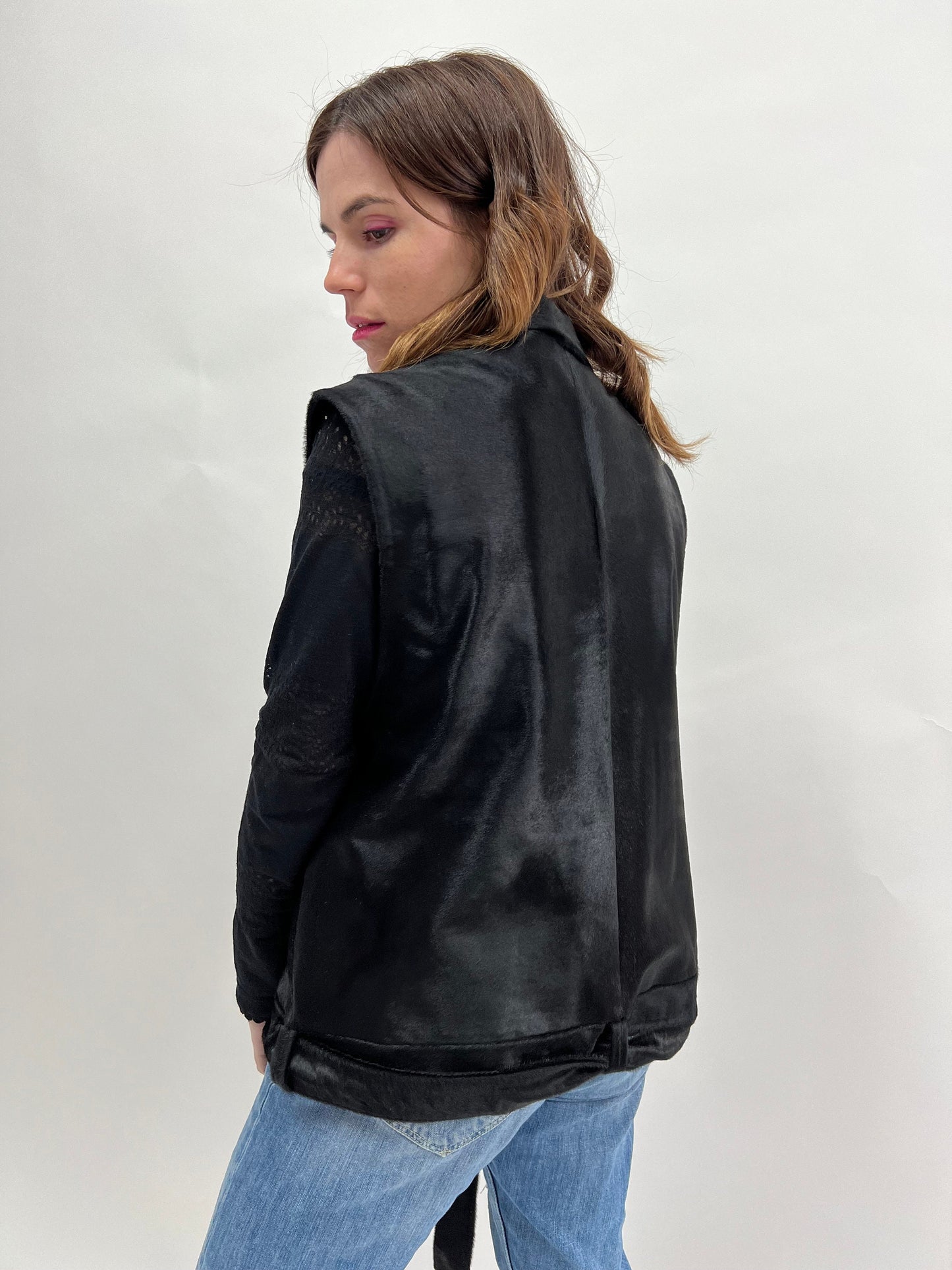 Genuine Hair-On Calf Hide Vest: Utility Leather Vest with Belt