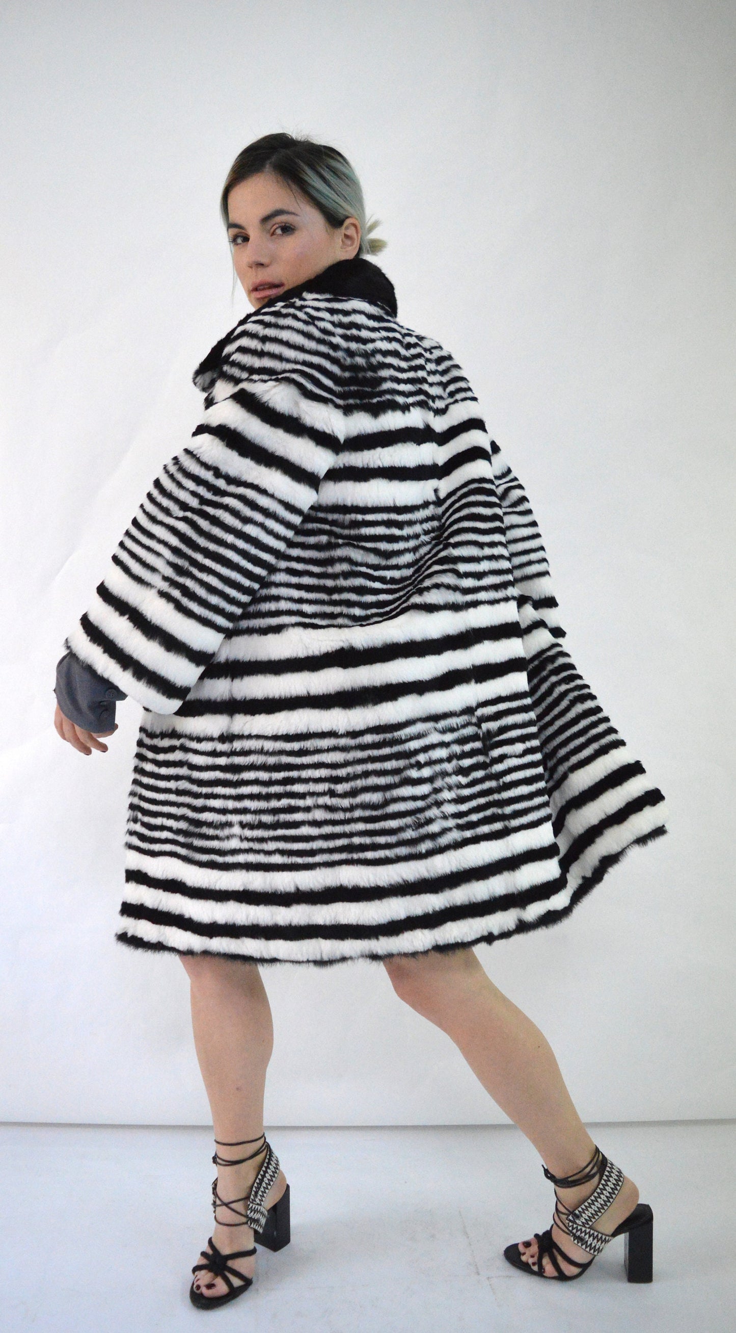 Black & White Rabbit Fur Coat: Mink Collar, Luxury Winter Coat