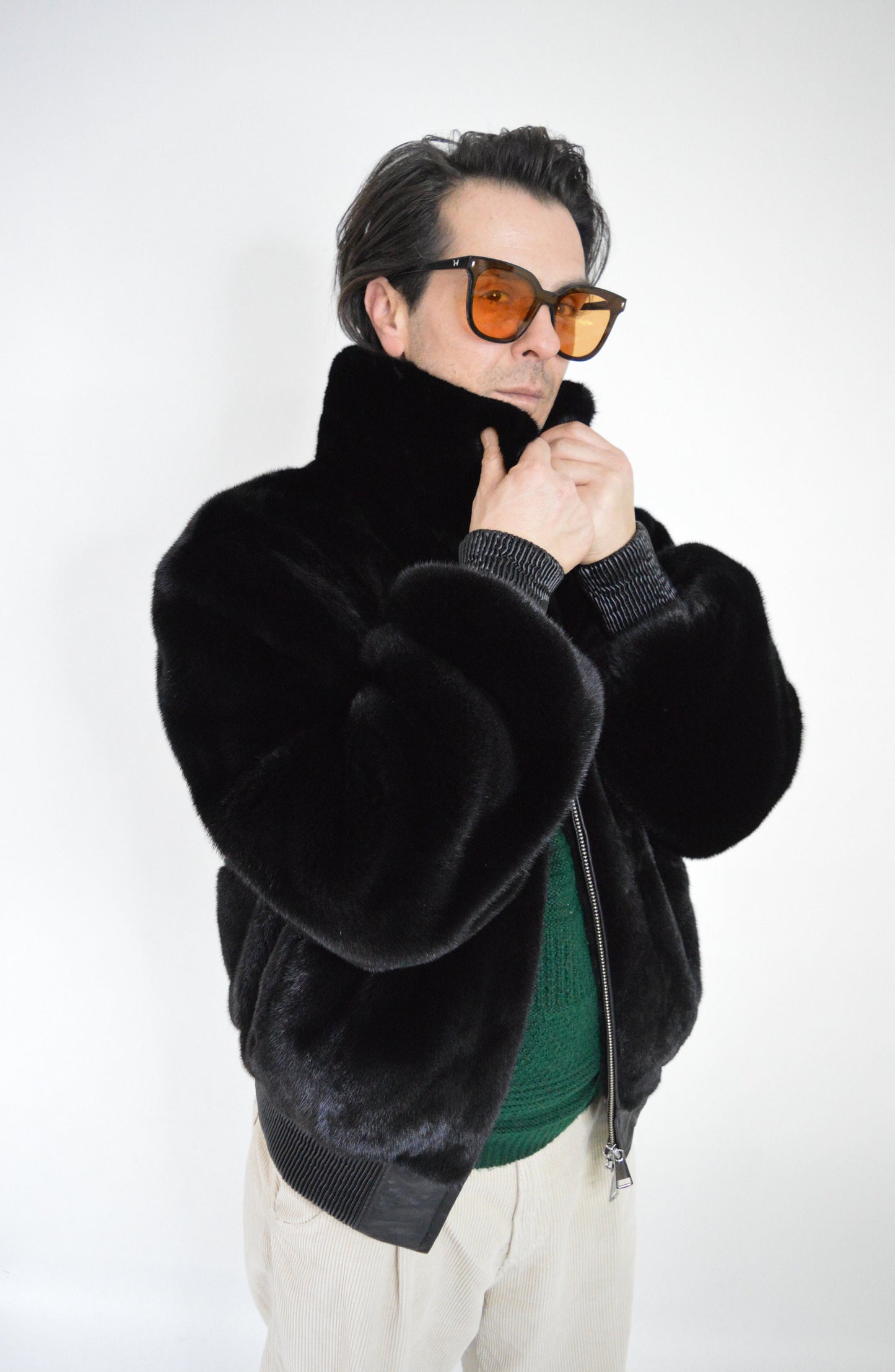 Velvet Mink Bomber Jacket: Black Saga velvet for men with Leather Details