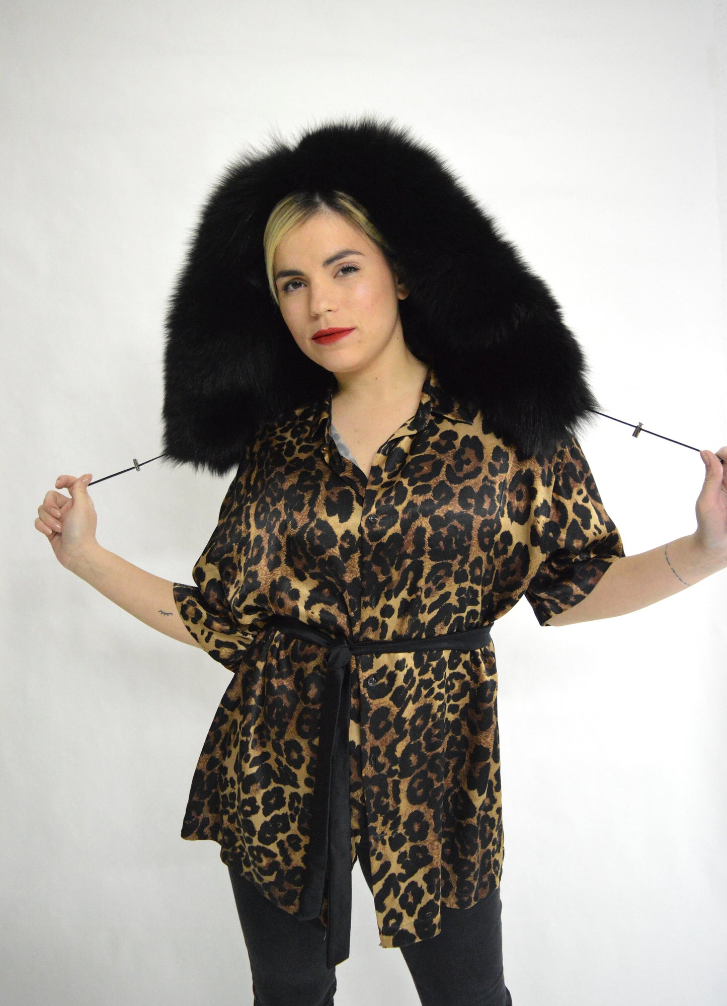 Black Fox Fur Hood: Fluffy Winter Hood with Drawstring