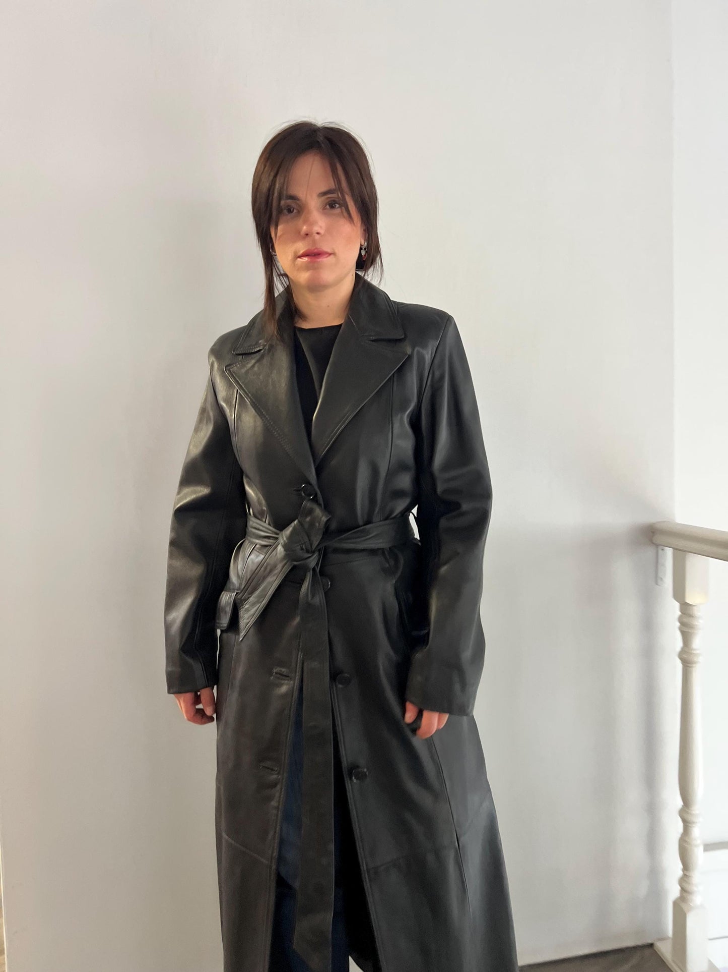 Handcrafted Nappa Leather Overcoat: Full Length Black Belted Coat, Small