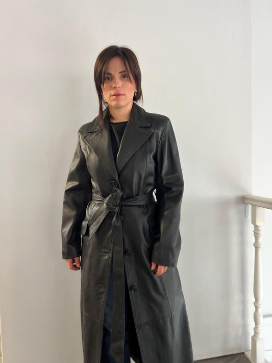 Handcrafted Nappa Leather Overcoat: Full Length Black Belted Coat, Small
