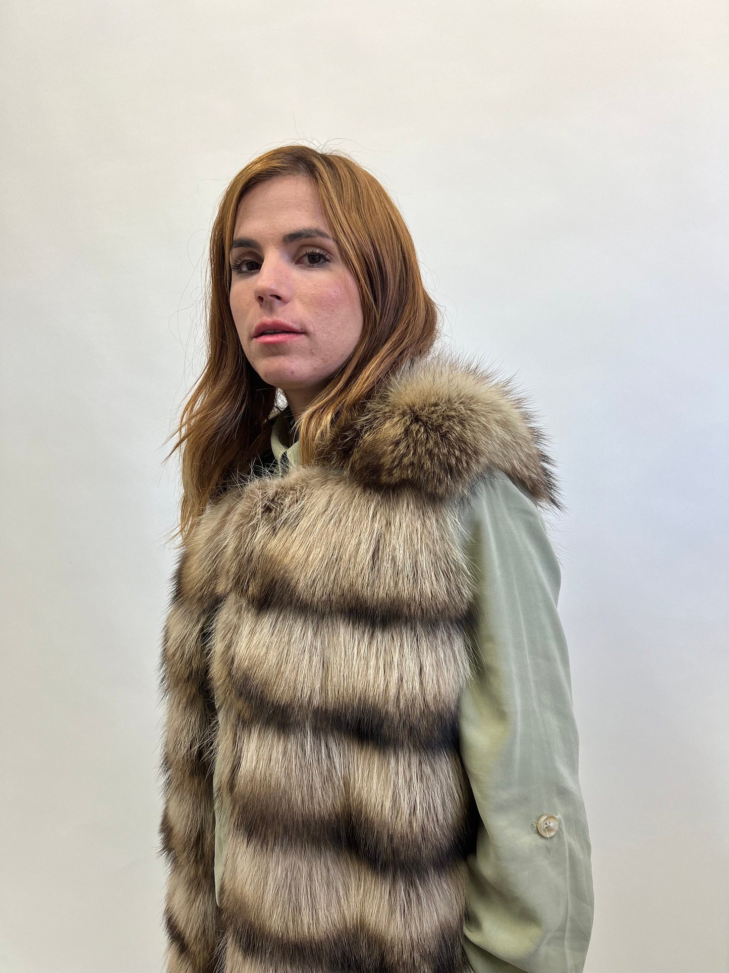 Real Raccoon Fur Vest: Beige Brown Leather Trim, Size XXSmall-XSmall