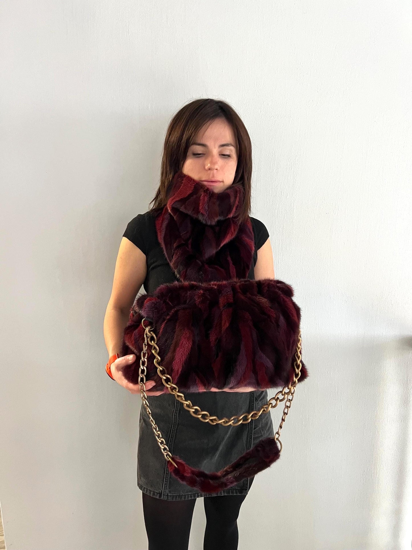 Handmade Mink Fur Slouchy Shoulder Bagin Burgundy : Luxury Cross-body Purse in army shades.