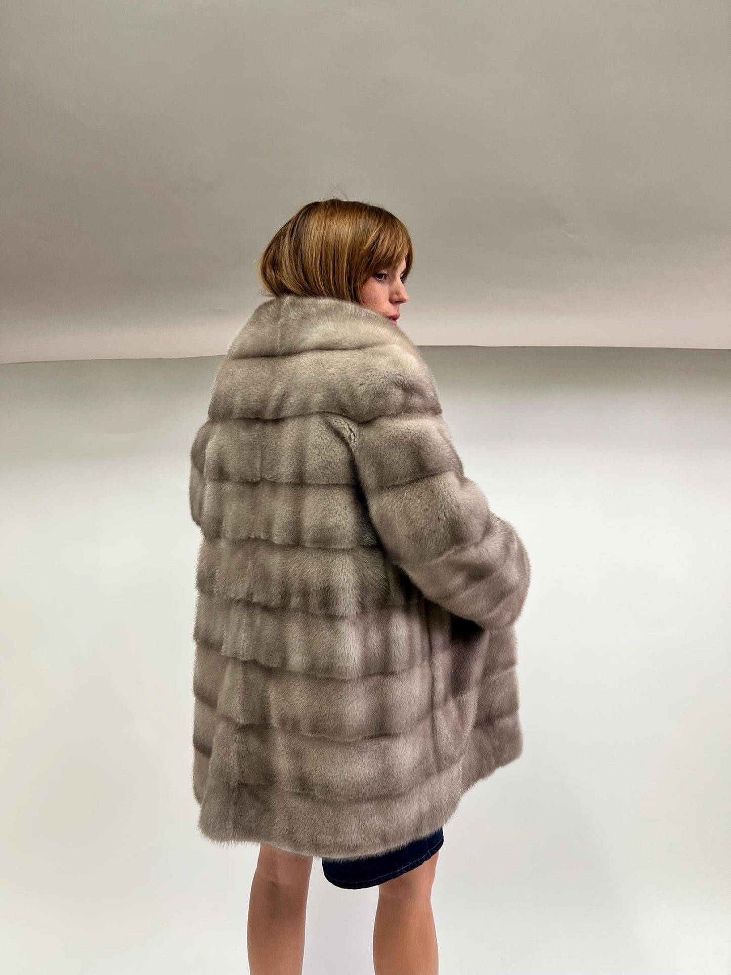 Real Silver Mink Fur Stroller Coat, High Collar - Size Small/Medium
