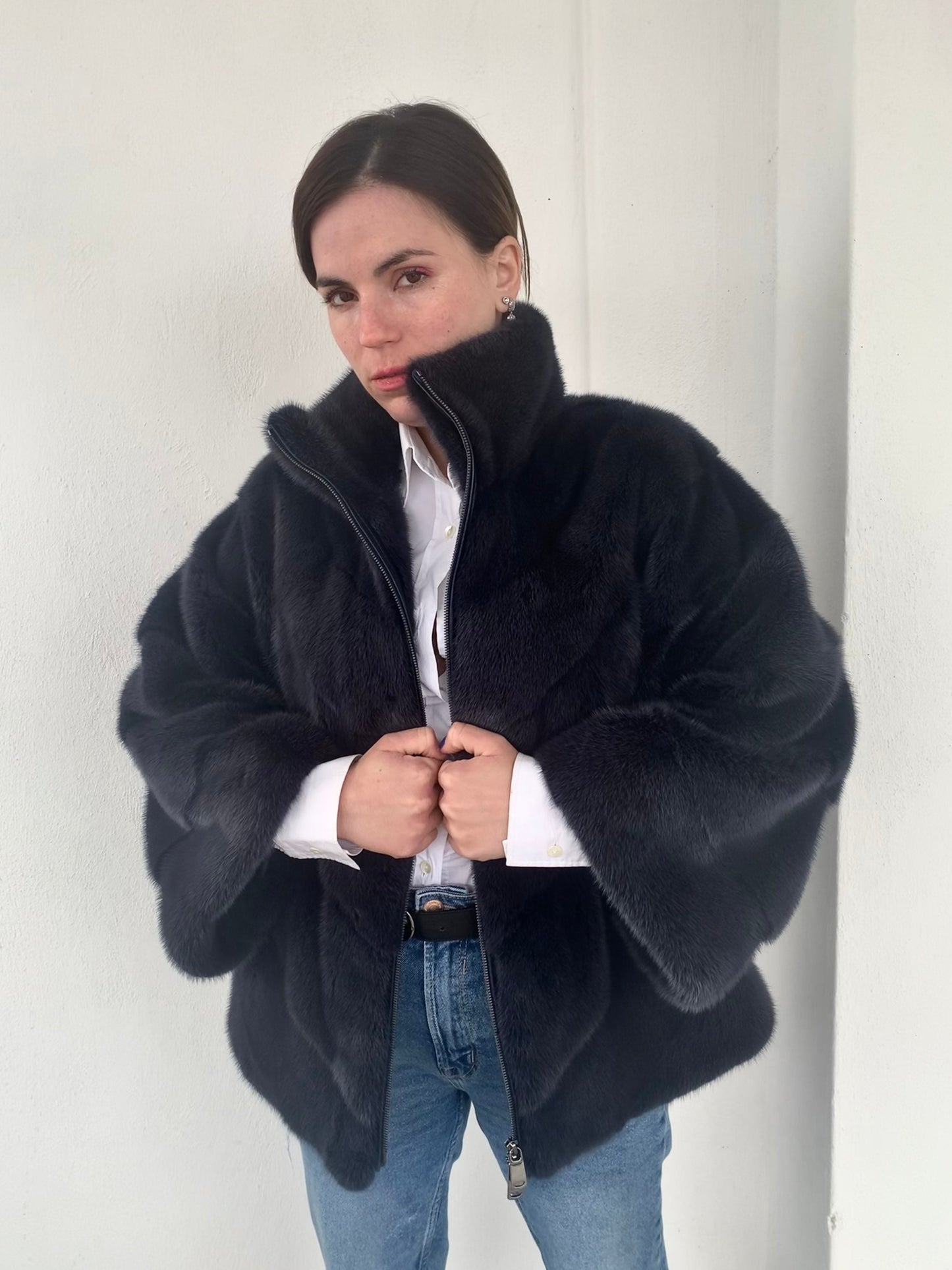 Denim Blue Mink Fur Cape: Handmade Oversized Jacket