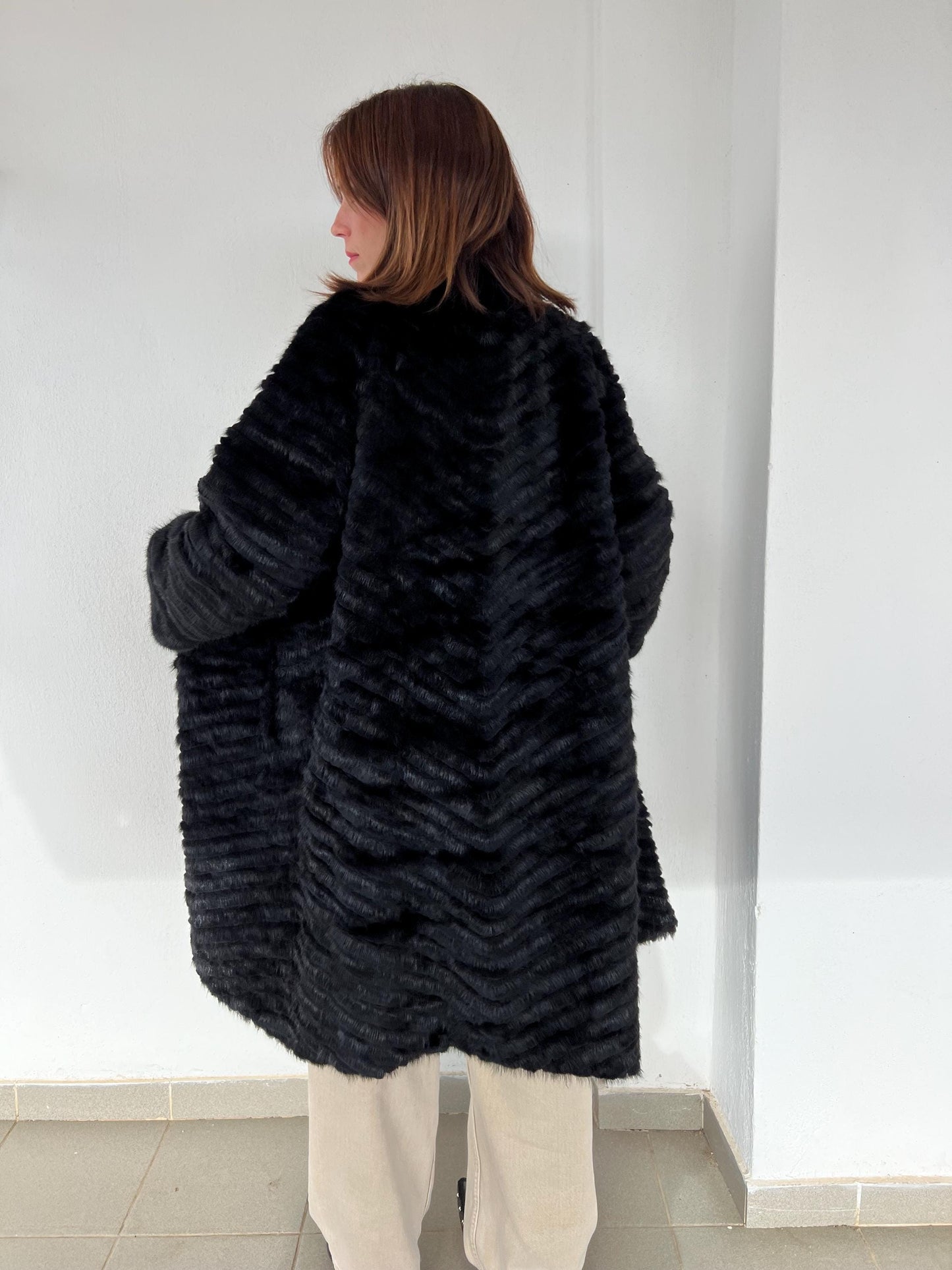 Handwoven Black Mink Fur Coat - Wool Lined Jacket
