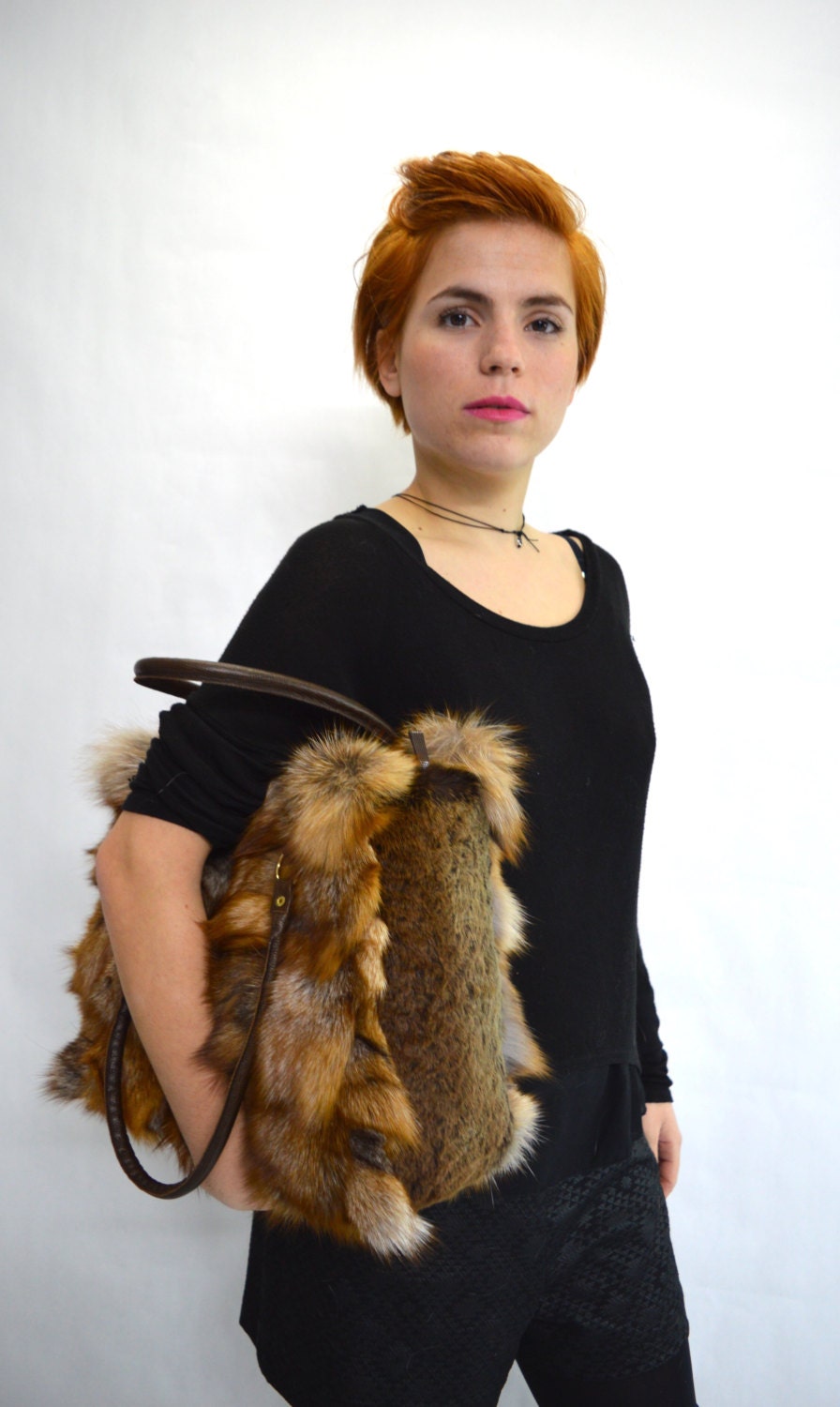 Genuine Crystal Fox Fur Handbag: Leather tan brownshoulder Bag