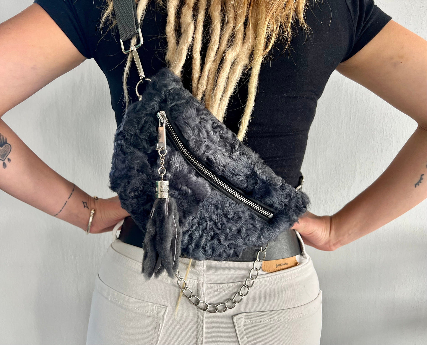 Graphite Lamb Fur Bumbag: Handmade Waist or Shoulder Bag