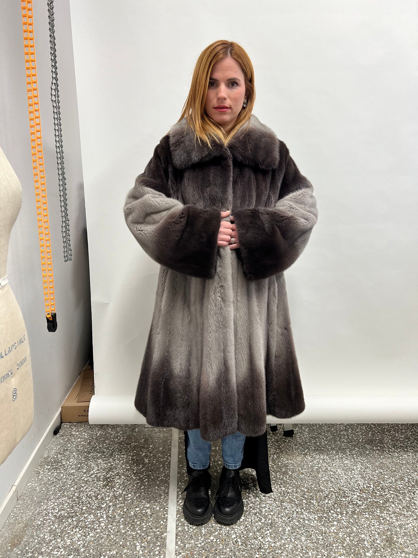 Saga Fur Mink Coat: Degrade Silver Graphite, Size 2XL