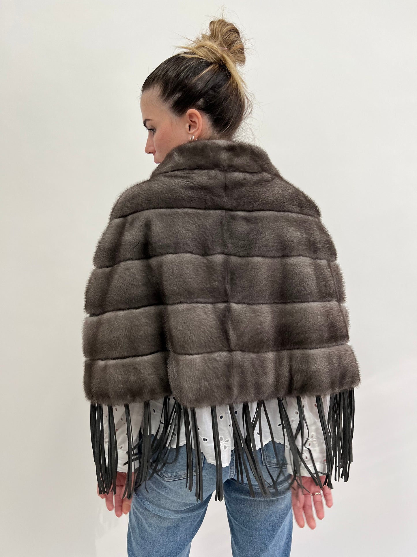 Grey Mink Fur Poncho: Leather Tassel Cape - Saga Blue Iris