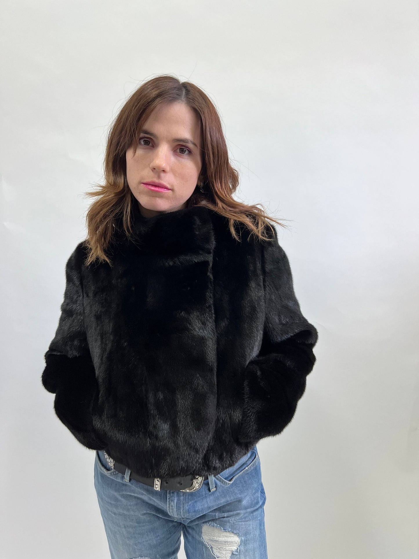 Mink Fur Bolero Jacket: Black Collared Copenhagen Fur, Size Small