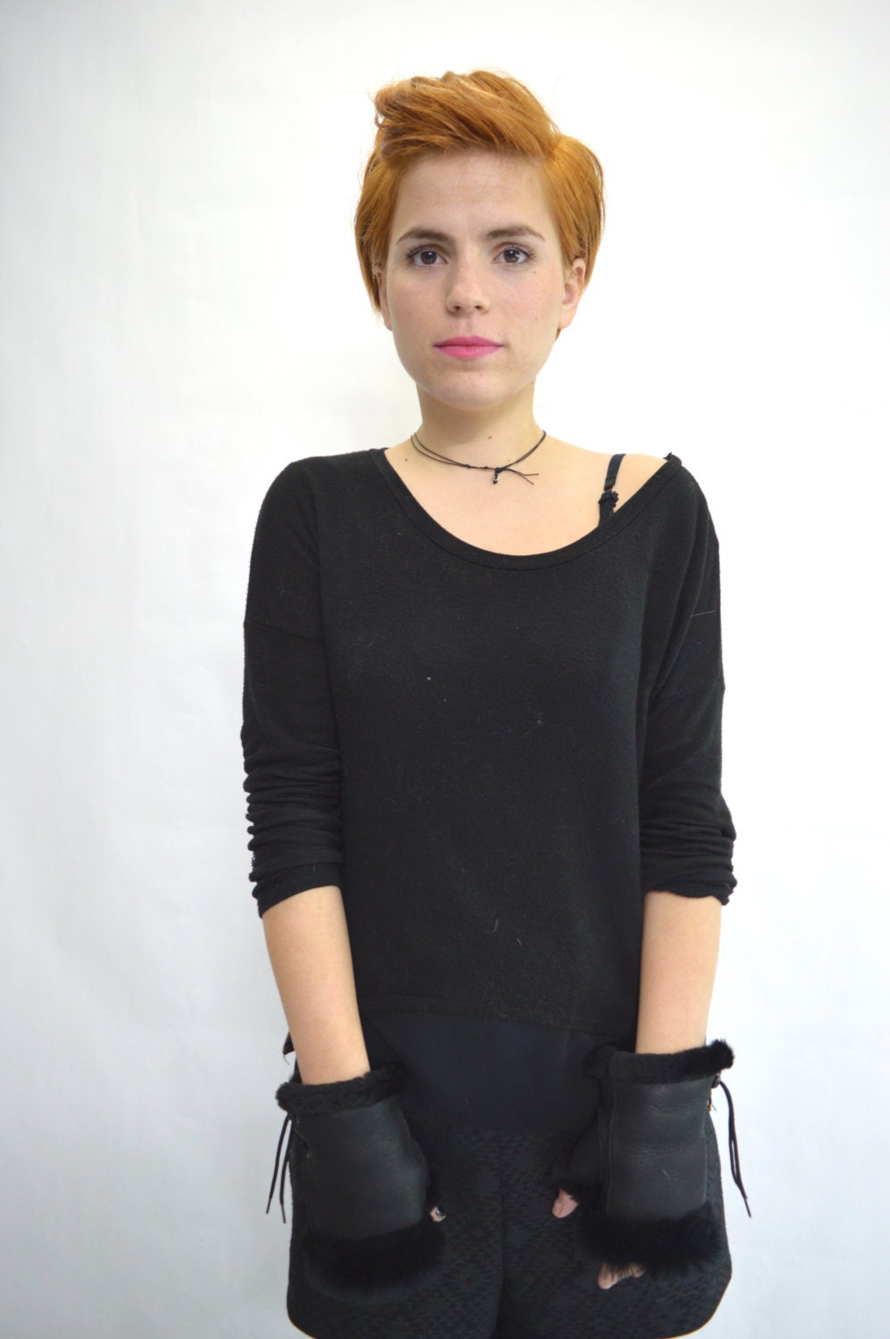 Shearling Fingerless Gloves: Black Rex Rabbit Fur Trim