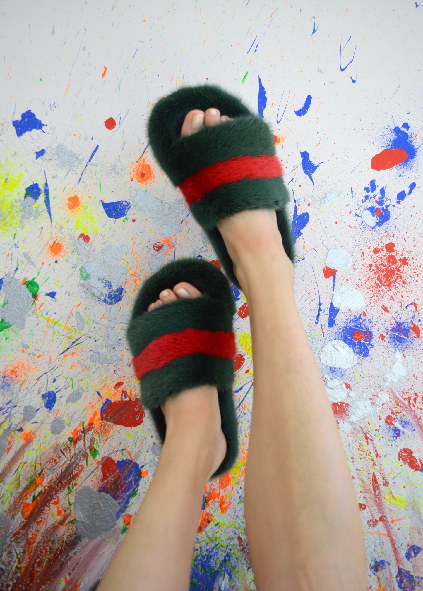 Green & Red Mink Fur Slides: Luxury Comfy Slippers