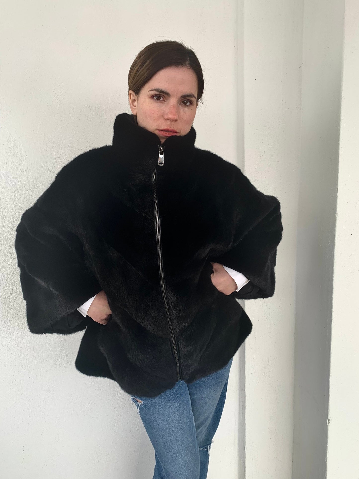Handmade Black Mink Fur Cape: Oversized Luxury Jacket