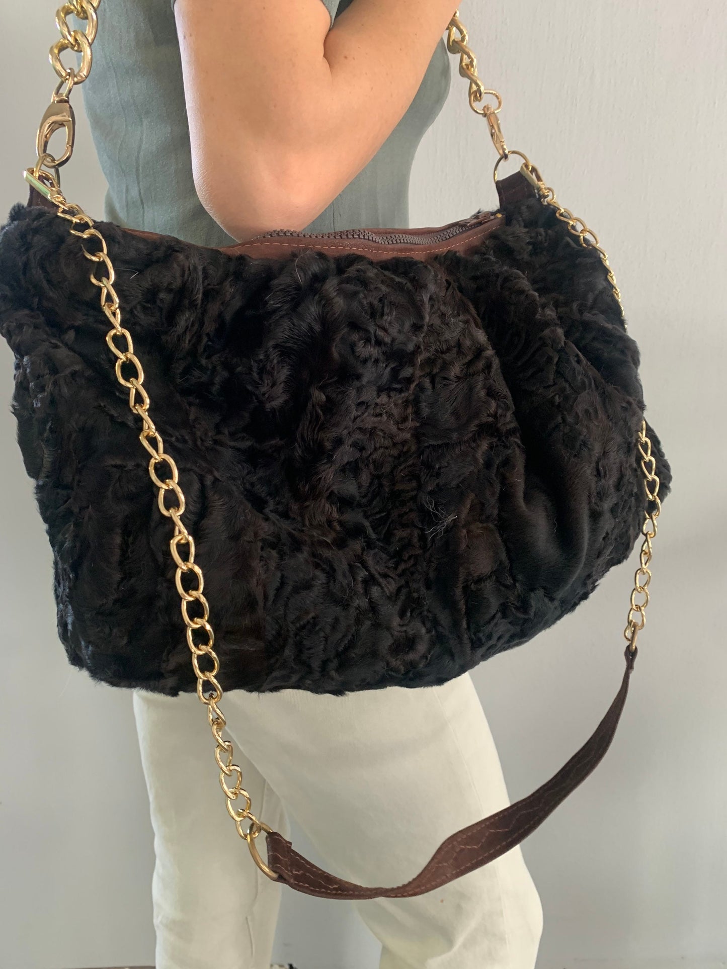 Lamb Fur Slouchy Shoulder Bag: Brown Cloud Pouch with Bronze Straps