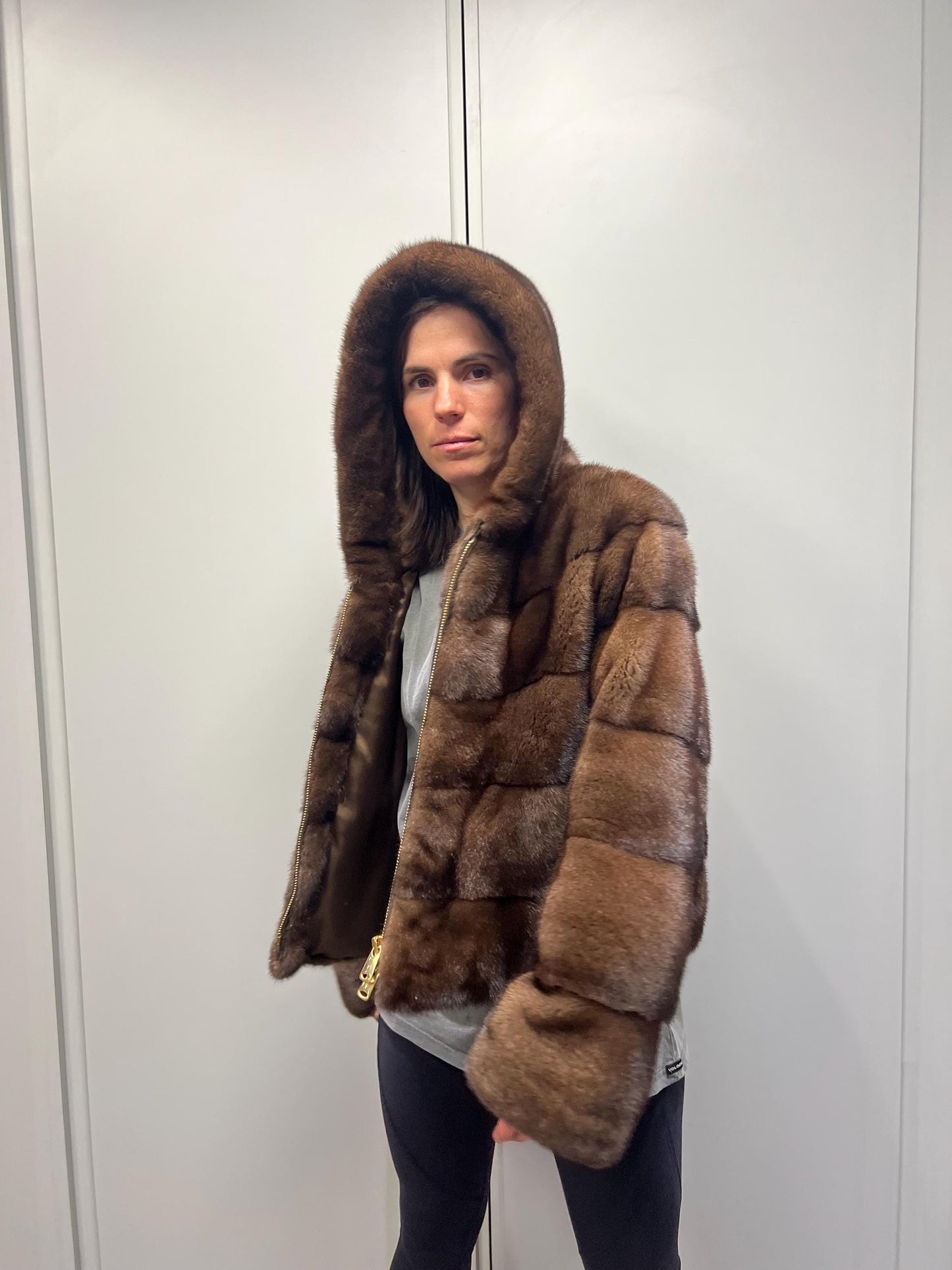 Brown hooded Mink Fur Jacket: Handmade Saga Mink Coat