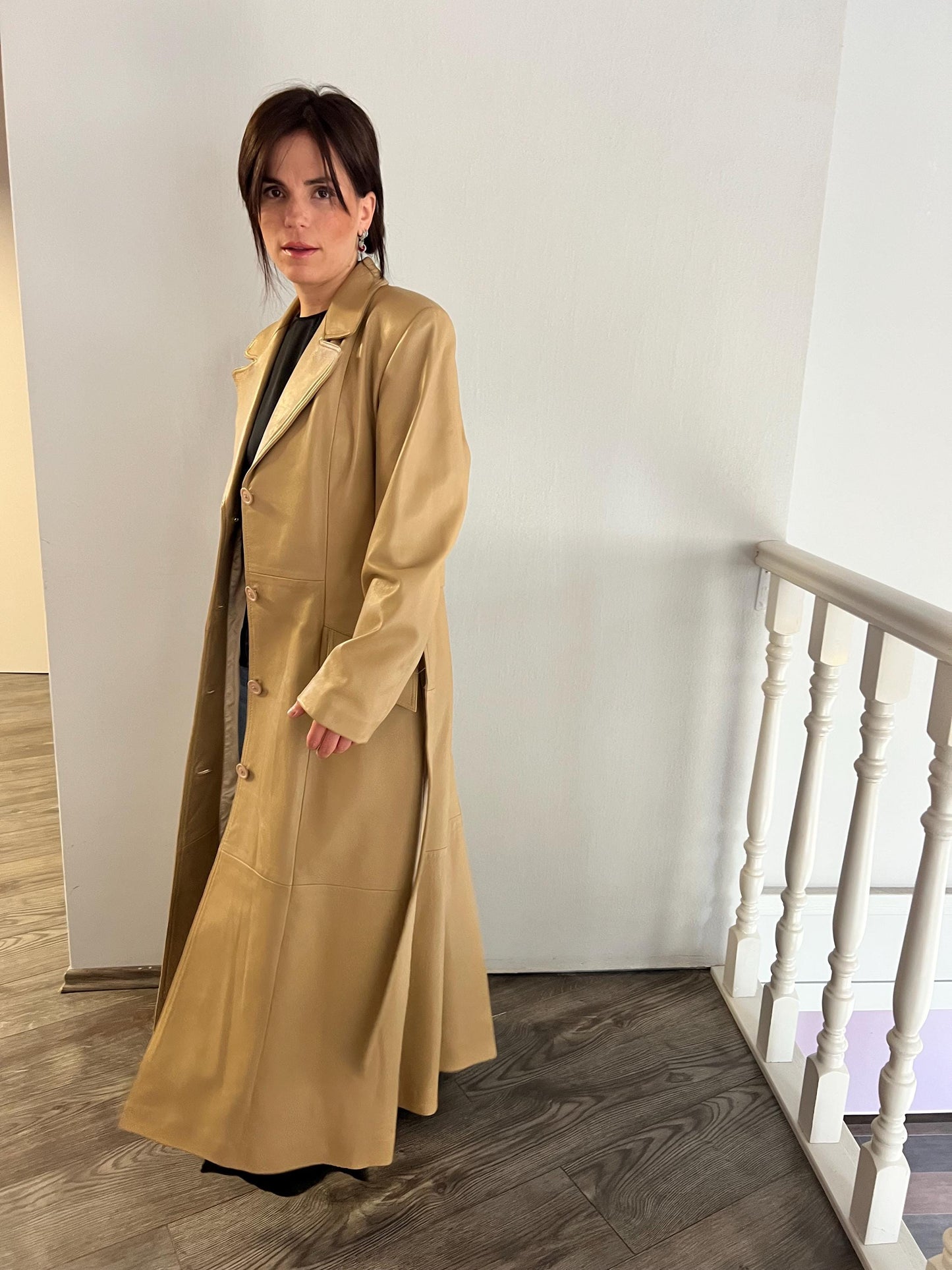 Handmade Nappa Lamb buttery  Leather Coat: Genuine Camel Leather Tie-Wrap, Made in Greece