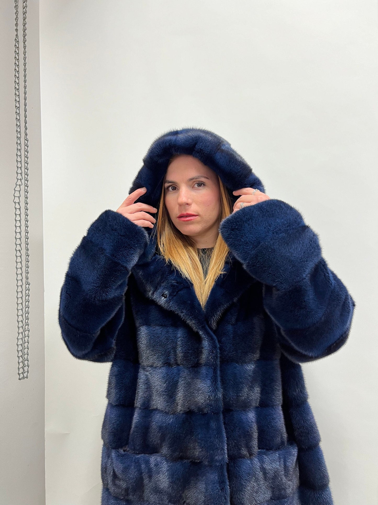 Handmade Navy Blue Mink Fur Hooded Coat, 2XL