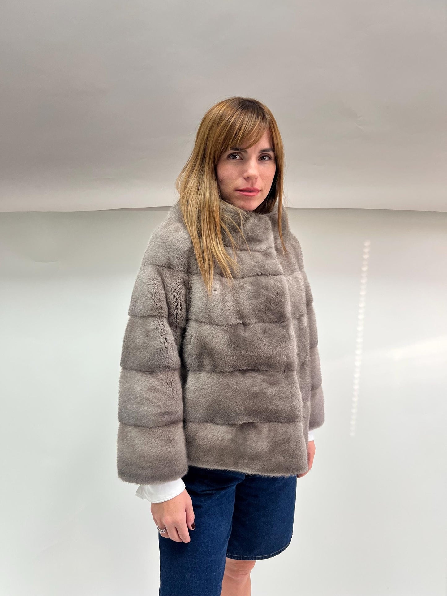 Real Silver Mink Fur Stroller Coat - High Collar, Luxury Gift