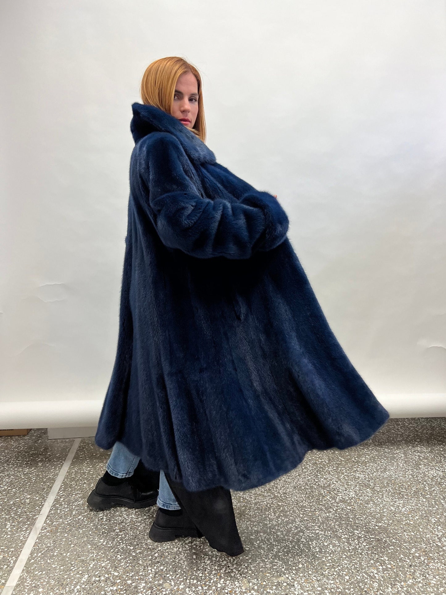 Navy Blue Mink Fur Godet Coat - Handmade in Greece