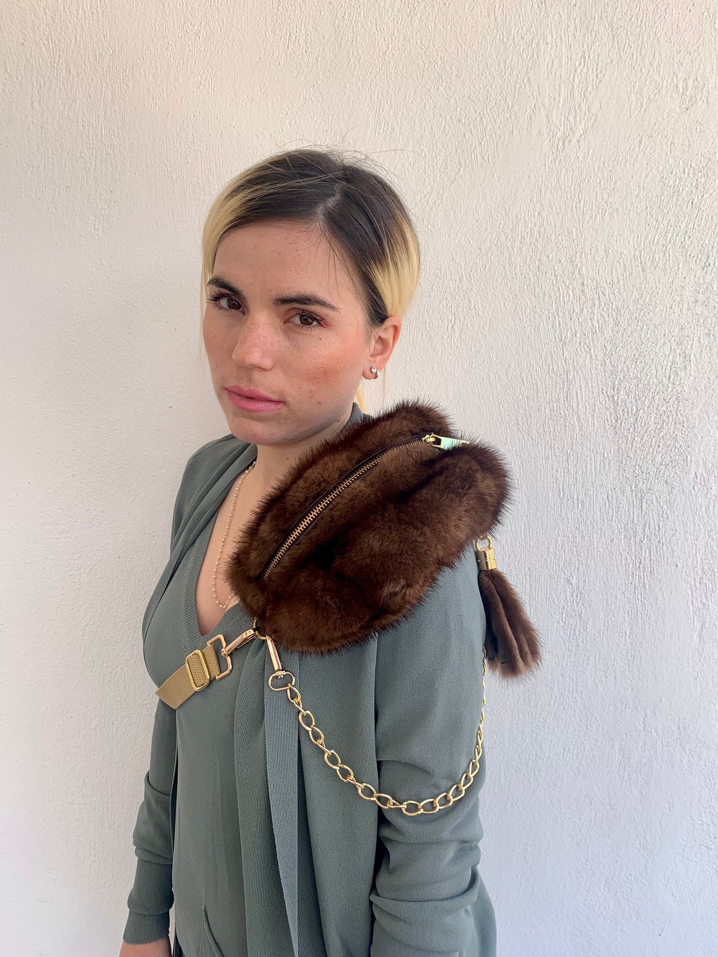 Real Mink Fur Bumbag: Tan Brown Fanny Pack with Chain