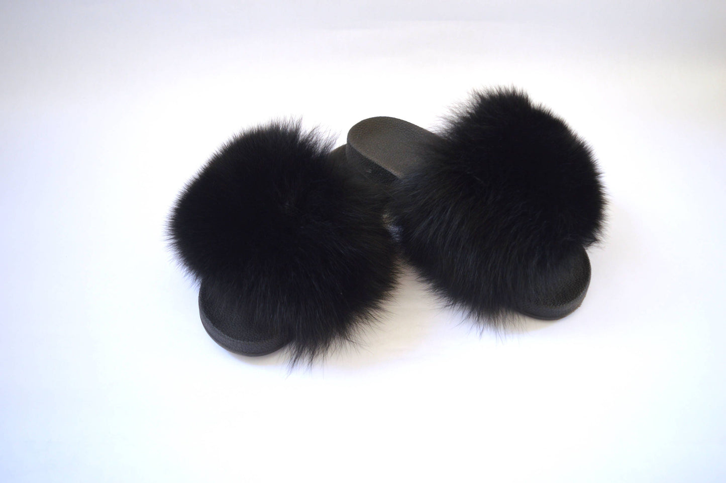 Black Fox Fur Slides: Genuine Fur Slippers with PVC Sole