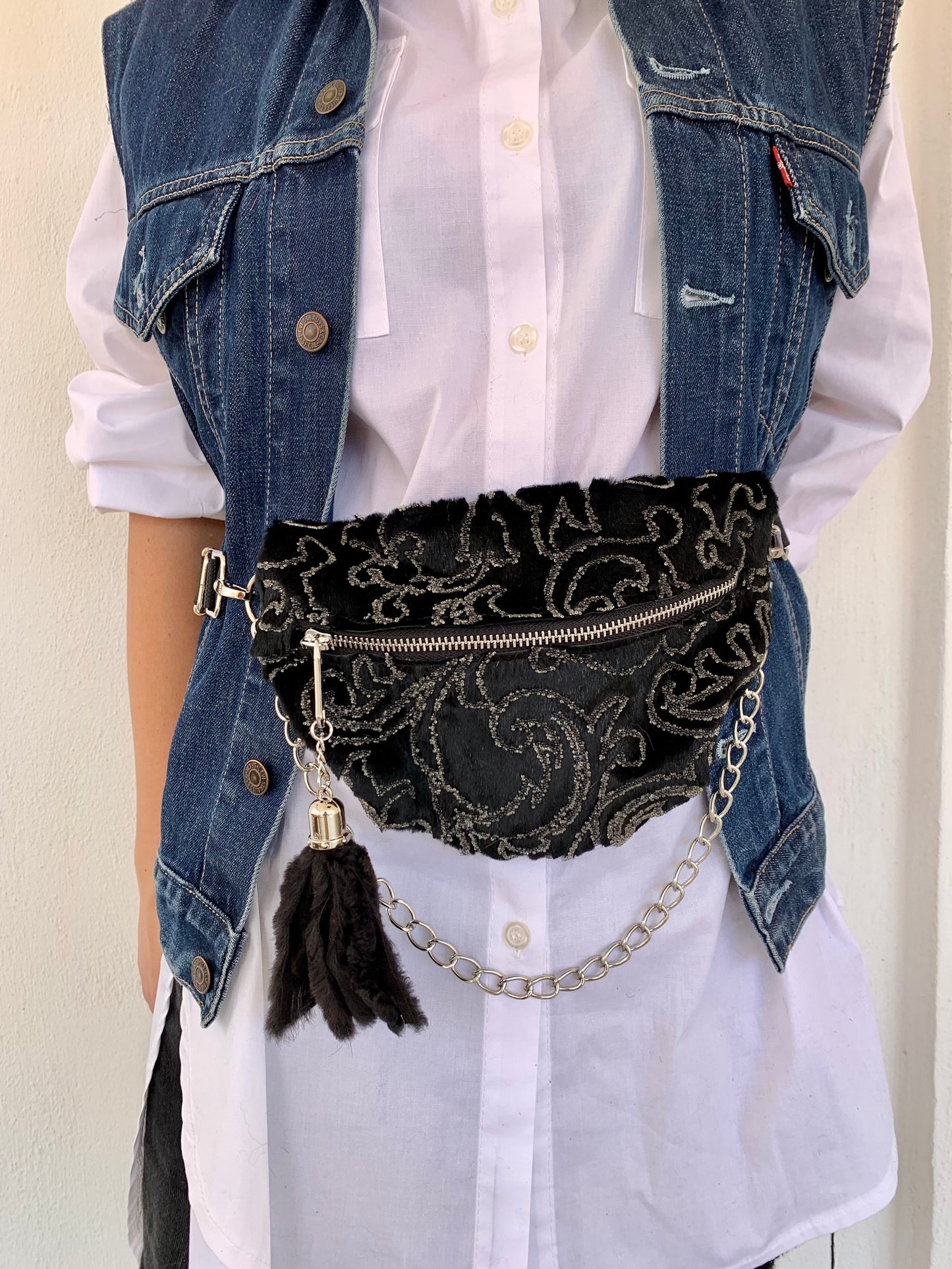 Mink Fur Bumbag with Chain & Tassel: Embroidered Rabbit Fur Fanny Pack