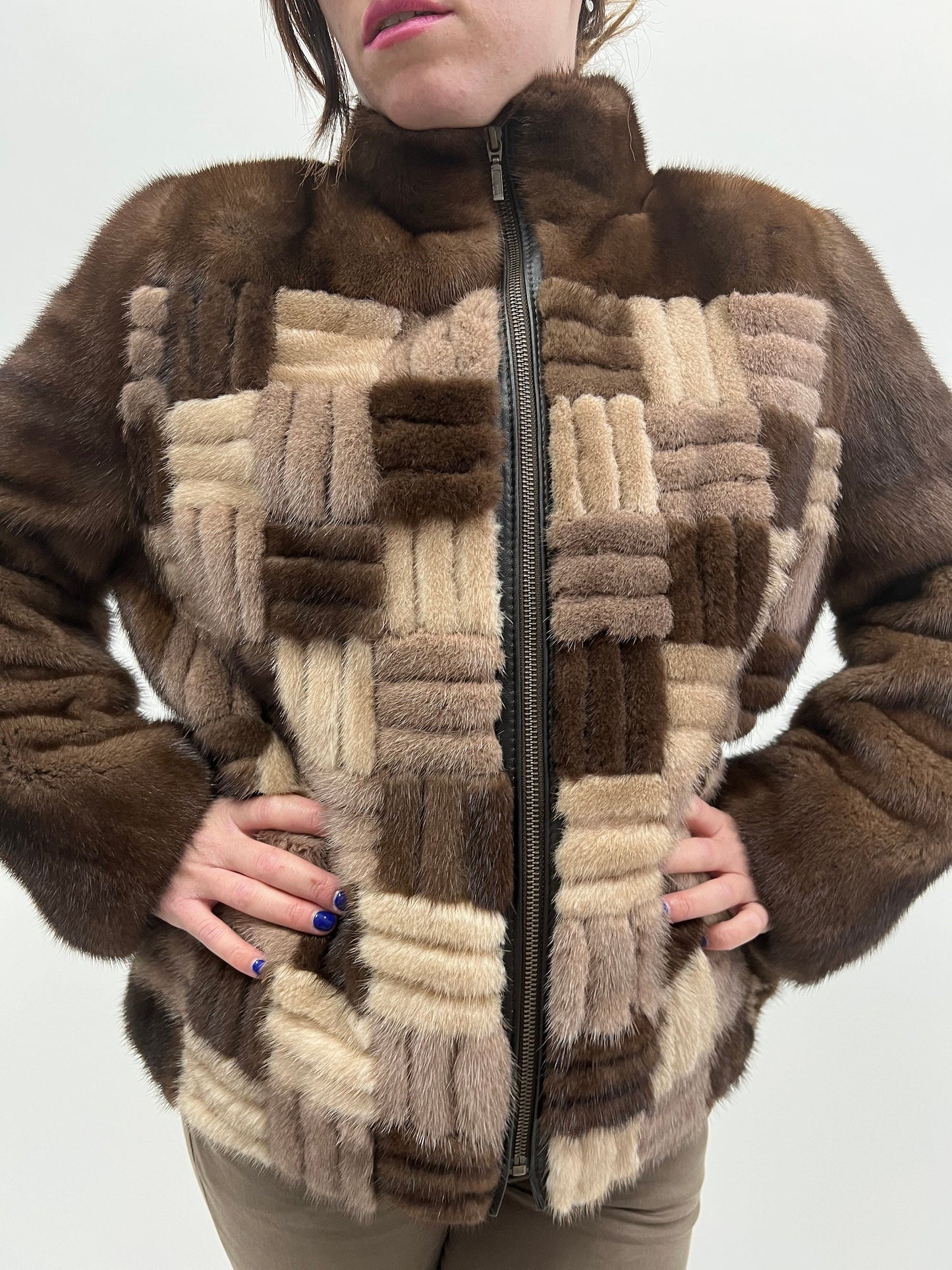 Intarsia Brown Mink Fur Jacket: Lightweight Zip Coat, Saga Fur