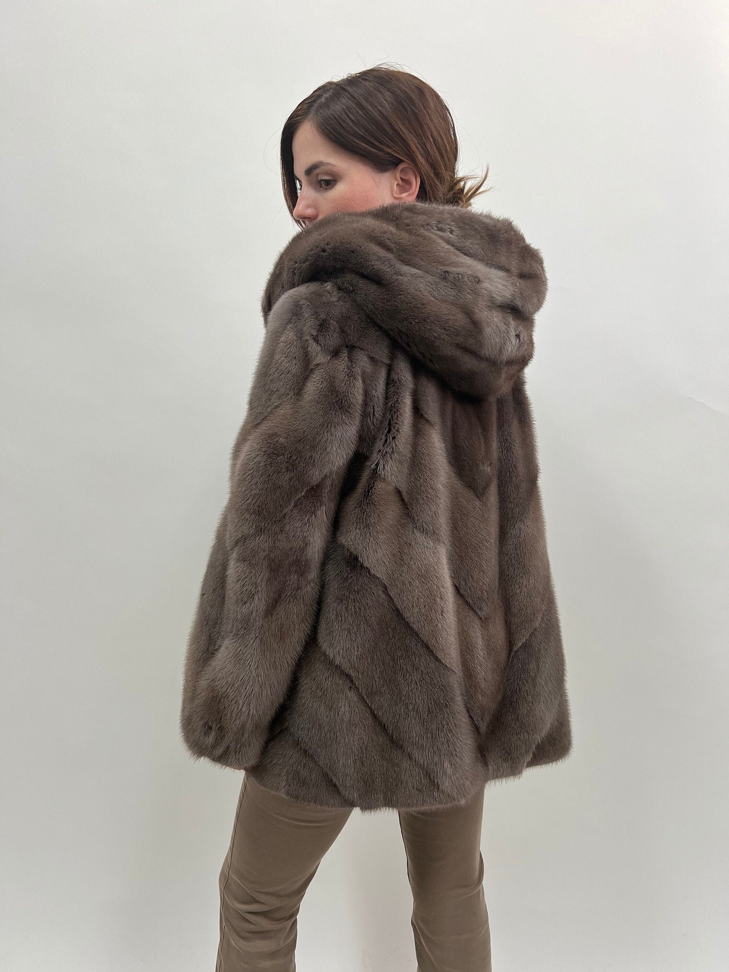 Saga Mink Fur Hooded Jacket, Warm Grey Diagonal Coat